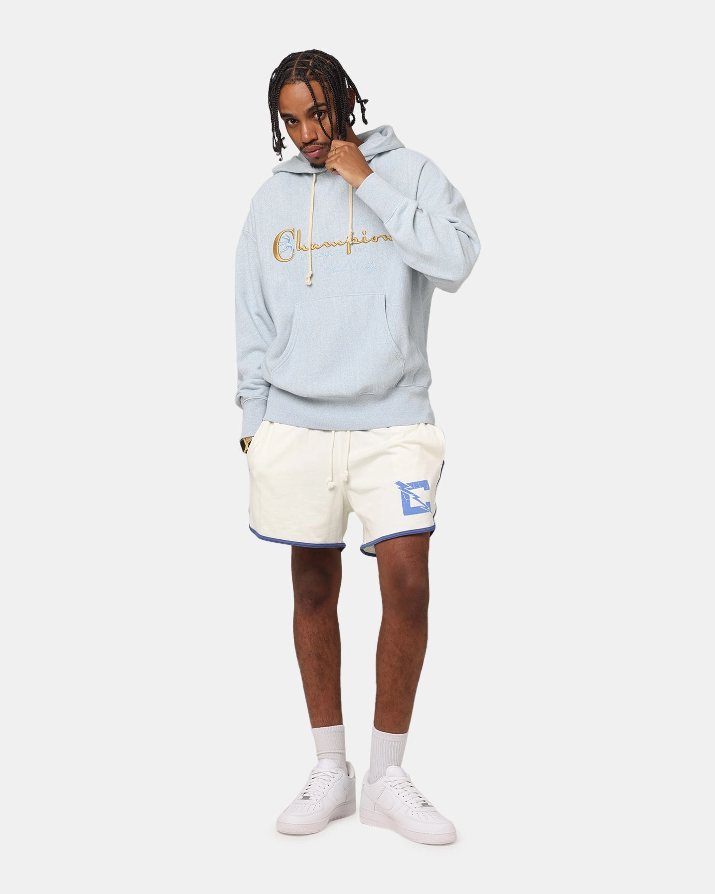 Champion Vintage Logo Sweatshirt Hoodie Oxford Grey Heather Seamless Sleeves Street Scene Style