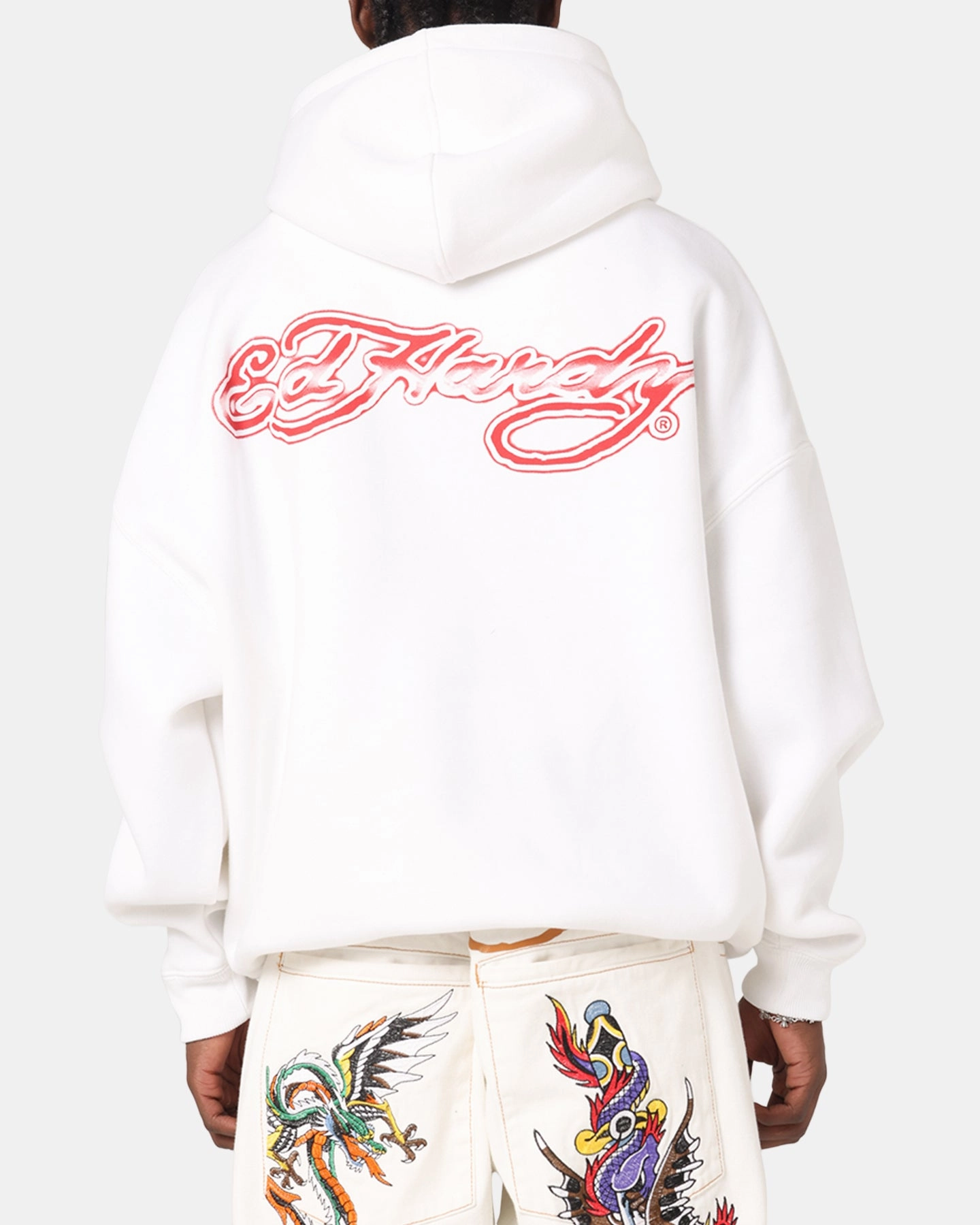 Ed Hardy Blue Dragon Hoodie White Brushed Fleece