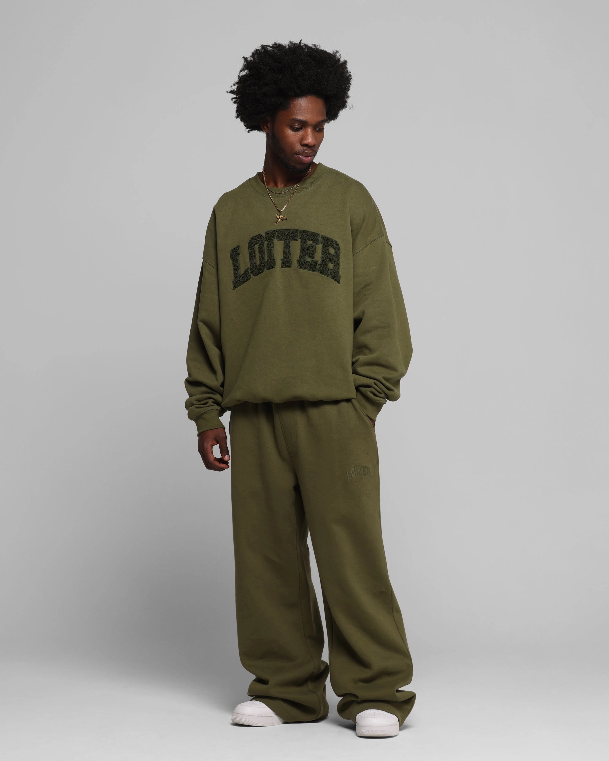 Loiter Arch Premium Crewneck Khaki Oversized Silhouette Subtle Texture Detail