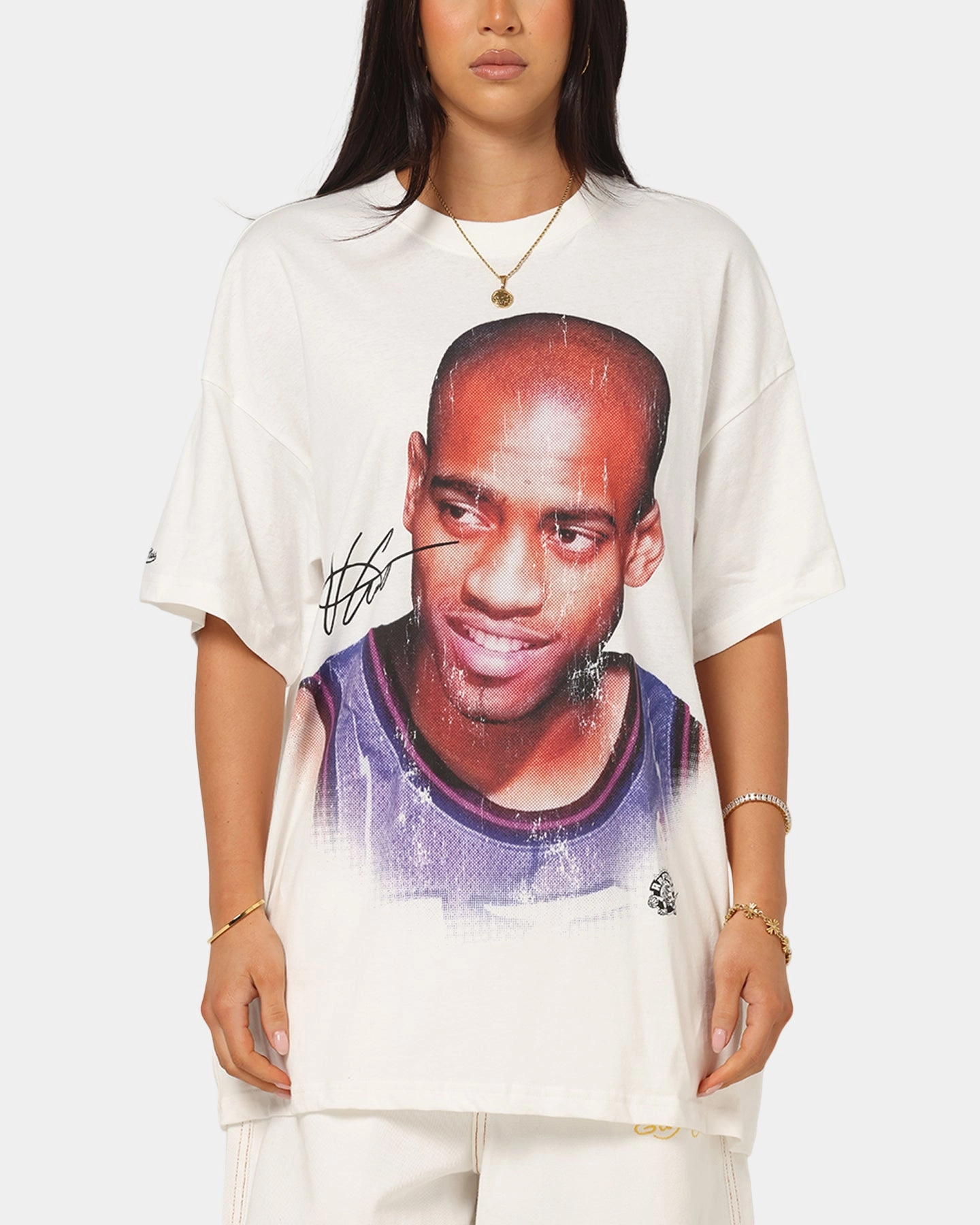 Mitchell & Ness Toronto Raptors Vince Carter Big Head T-Shirt Vintage White Cool Vibes polo neck