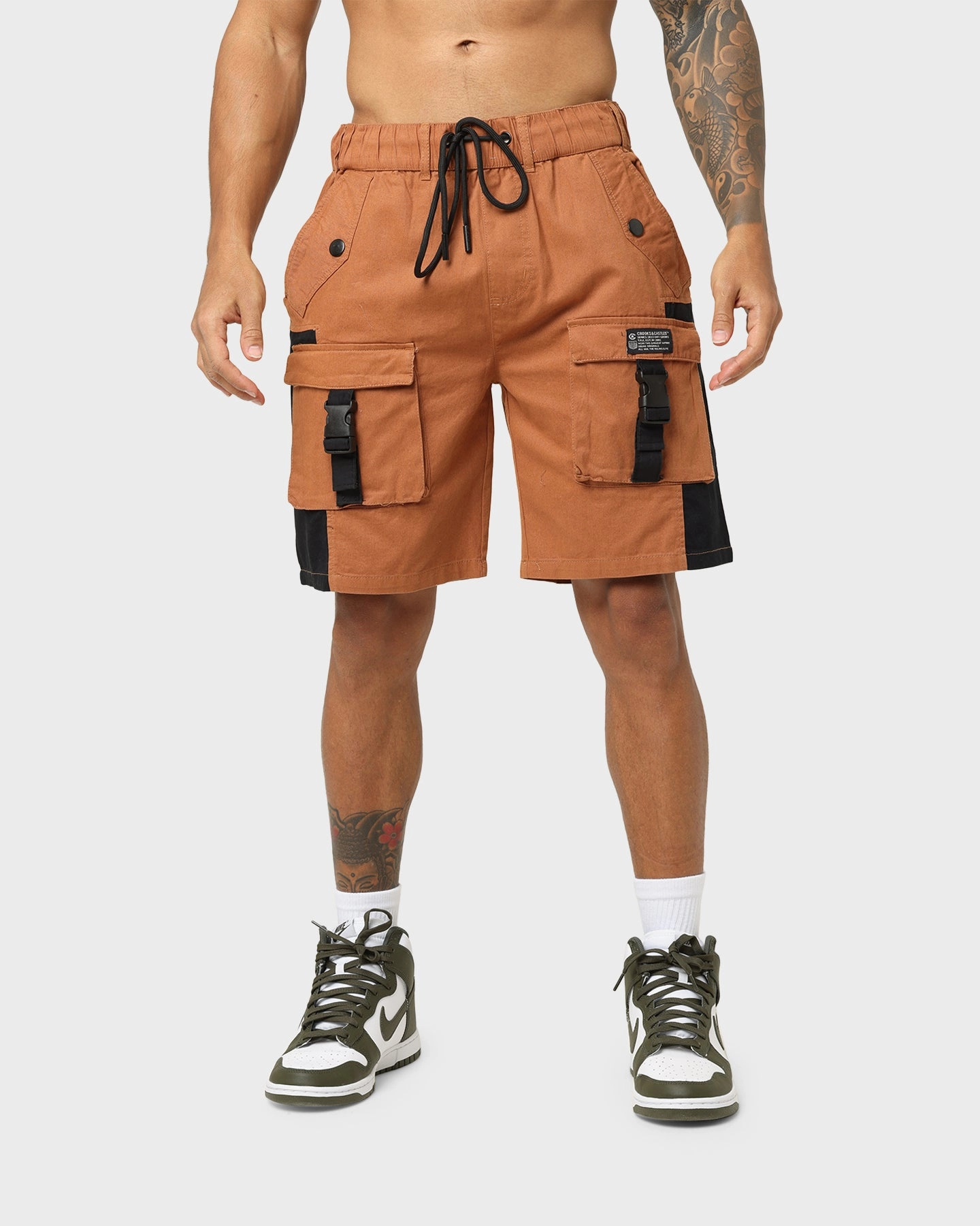 Crooks & Castles Washed Twill Shorts Tan graduation season Reflective Safety Details