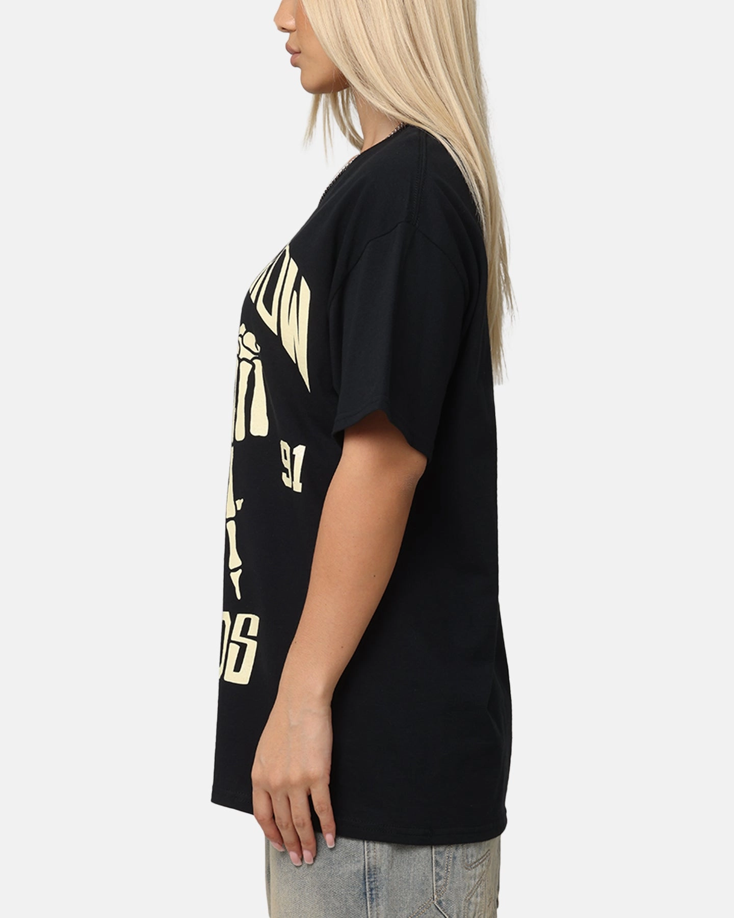 DropShoulderDesign Urban Casual Look Deathrow Records LA 91 Bones T-Shirt Black