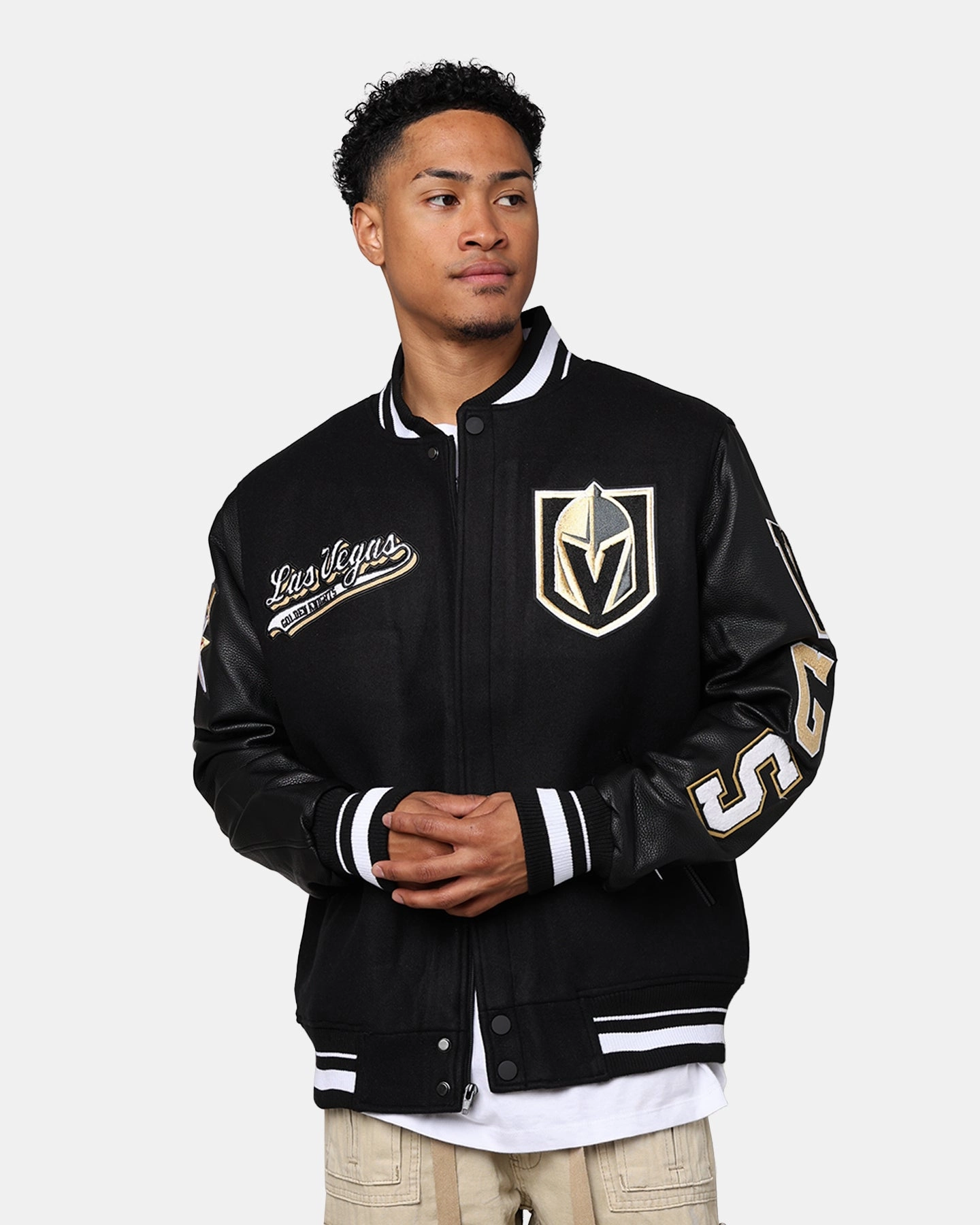Pro Standard Vegas Golden Knights Wool Varsity Jacket Black Modular Attachment Points Stretchable Panels