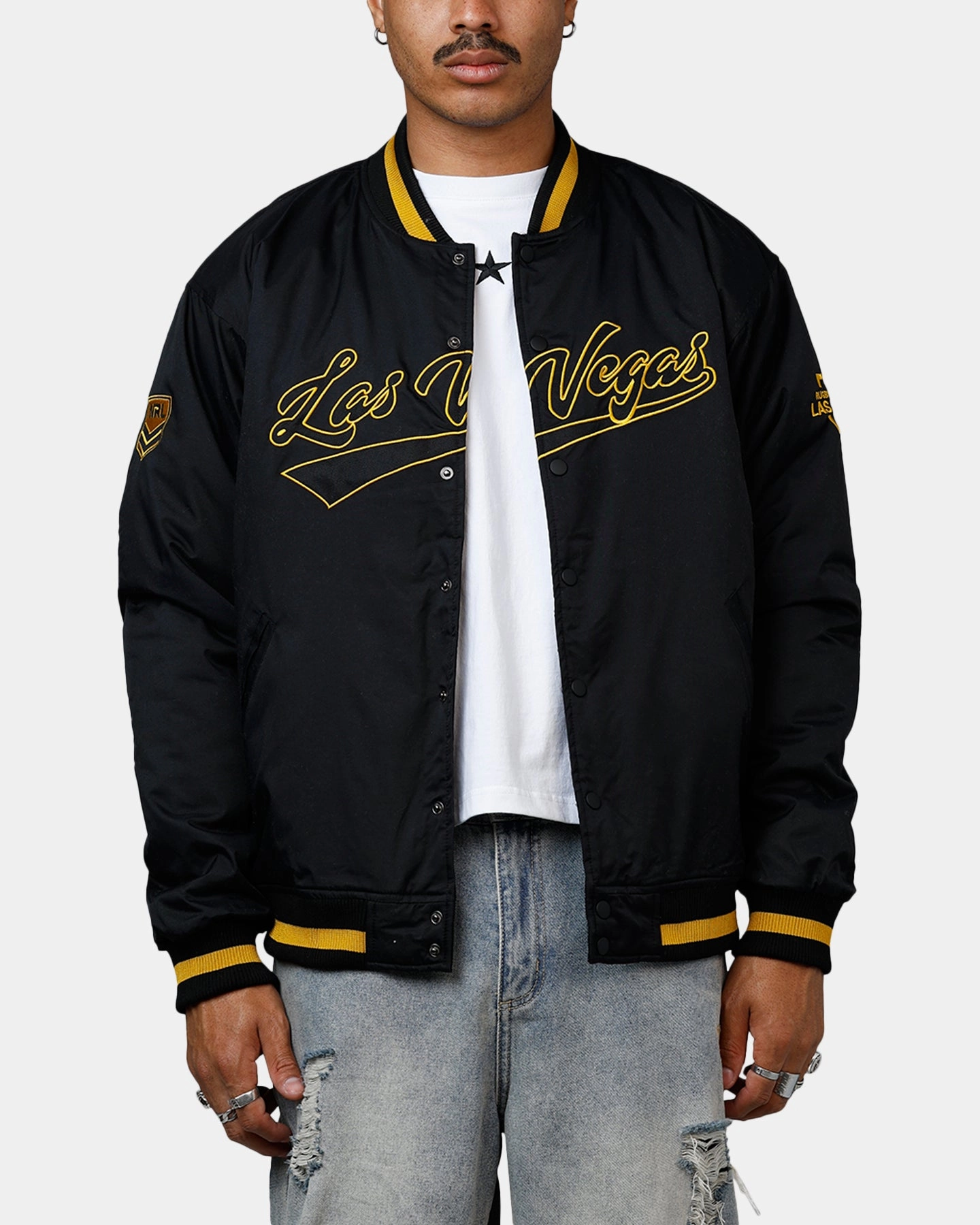 Bleacher Athletic NRL 2025 Las Vegas Round Bomber Jacket Black/Gold Assessment Probability