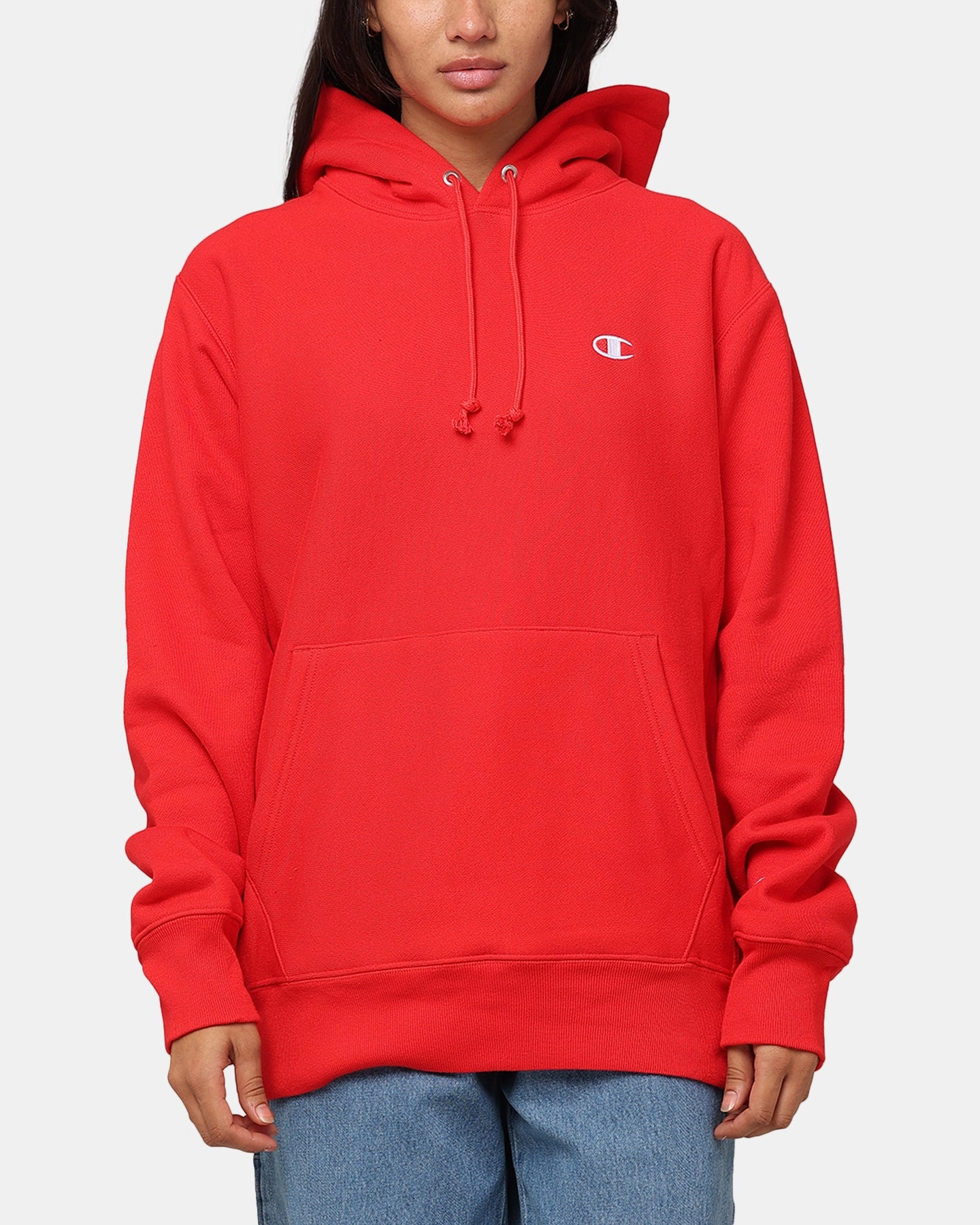 Champion Reverse Weave Small C Hoodie Team Red Scarlet Teflon Coated Fabric Wool