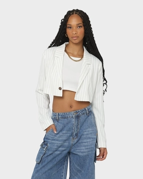 EN ES Women's Luna Cropped Blazer Pin Stripe White short sleeved