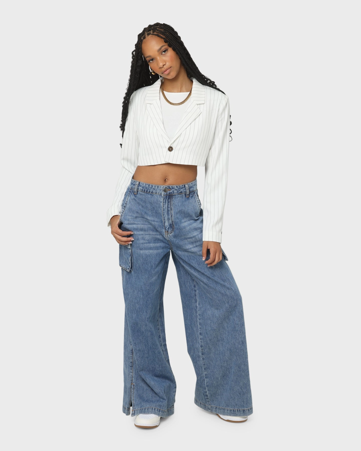 EN ES Women's Luna Cropped Blazer Pin Stripe White OdorControl Treatment