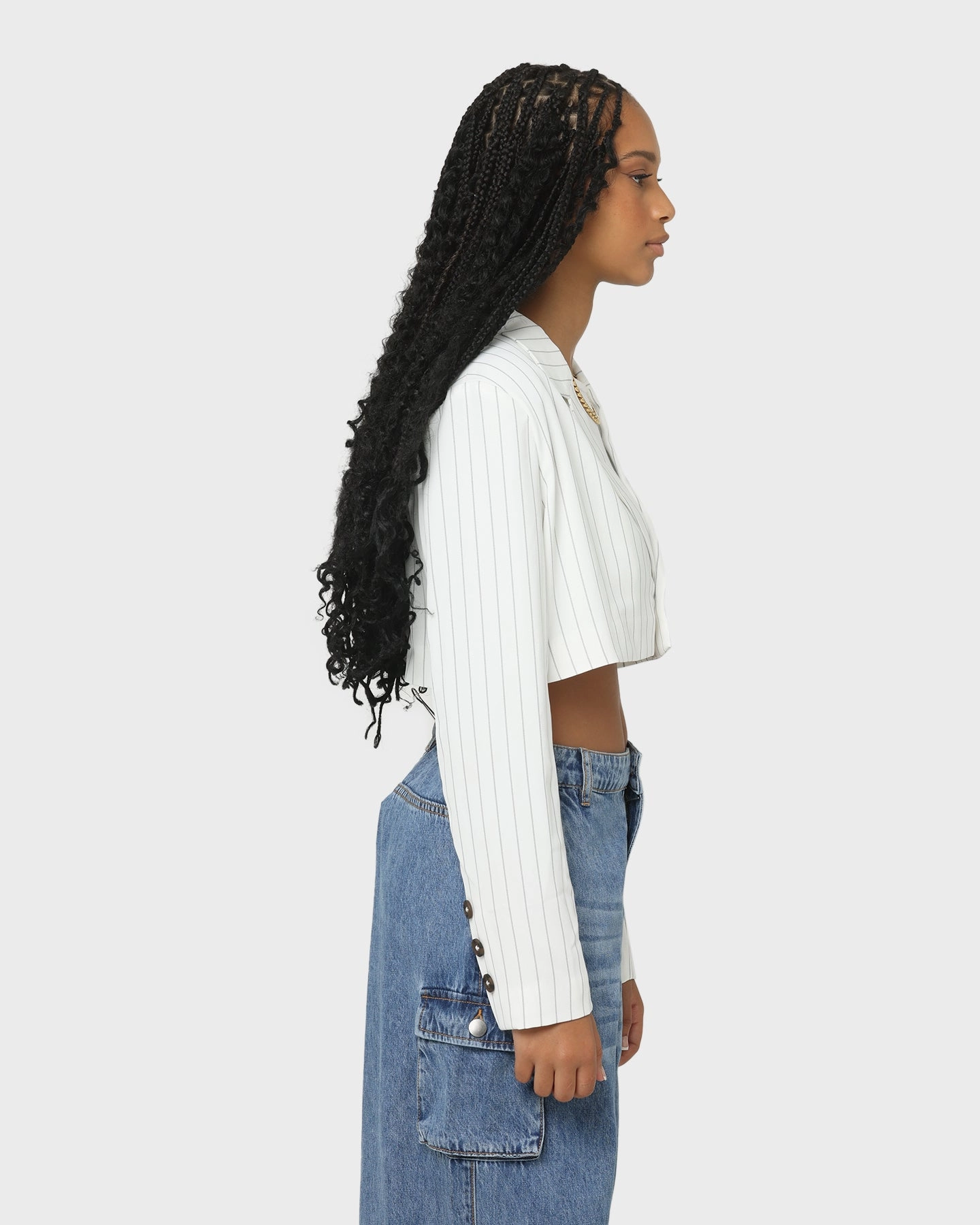 EN ES Women's Luna Cropped Blazer Pin Stripe White Argue