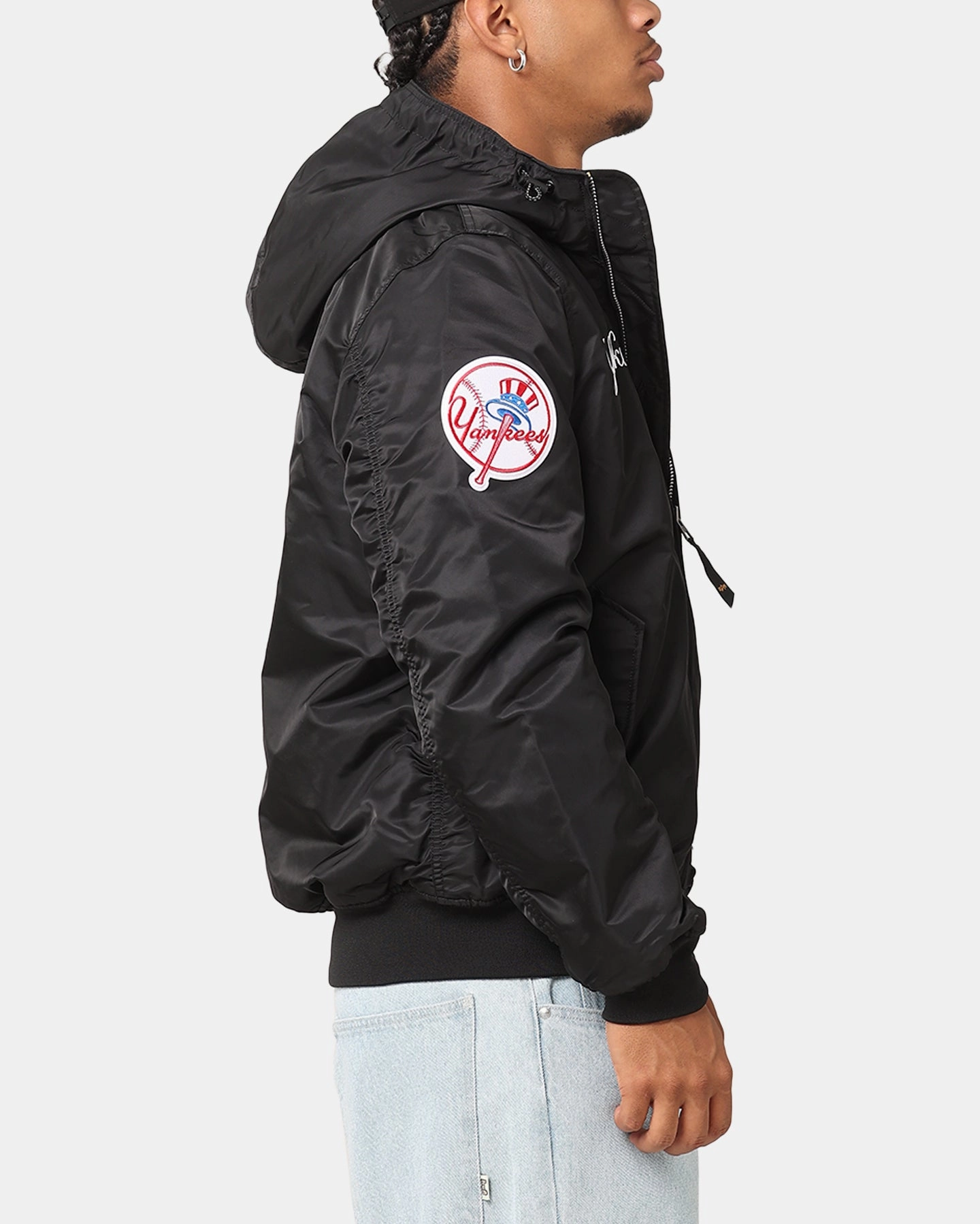 New Era New York Yankees Alpha Industries L-2B Hooded Bomber Jacket Black High Collar Fit All Weather Performance