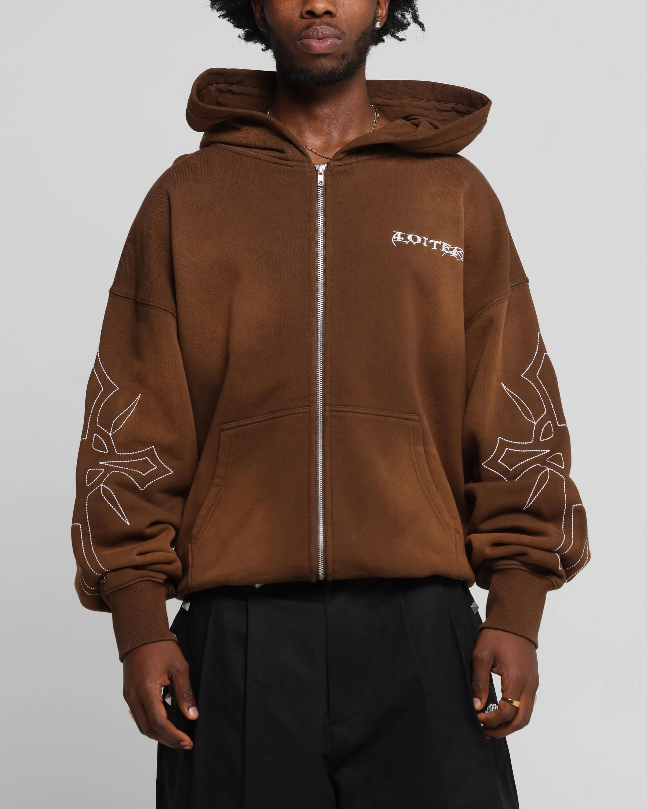 Cold Protection Loiter Atmosphere Zip Hoodie Vintage Brown