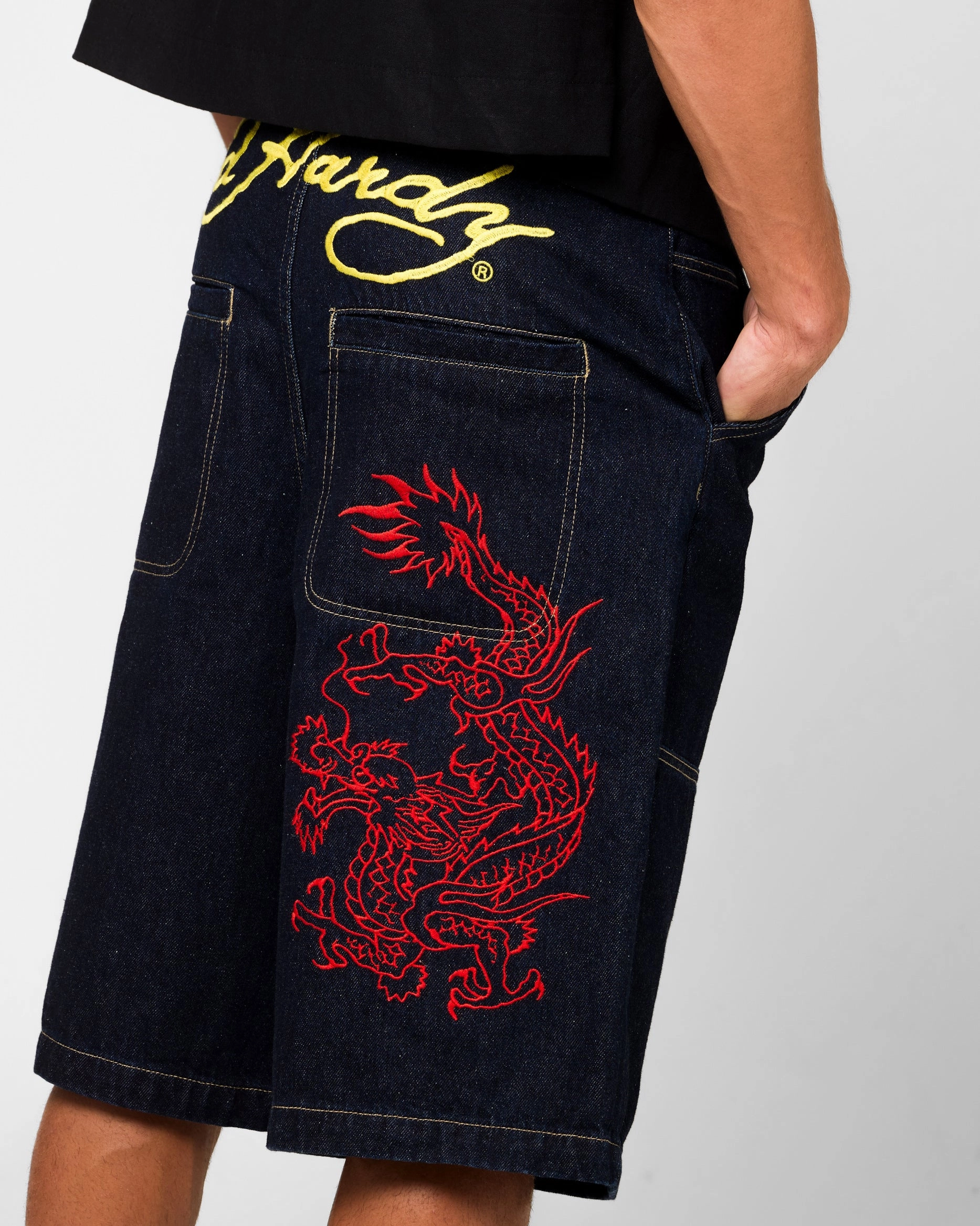 warm weather Ed Hardy Dragon Jorts Indigo
