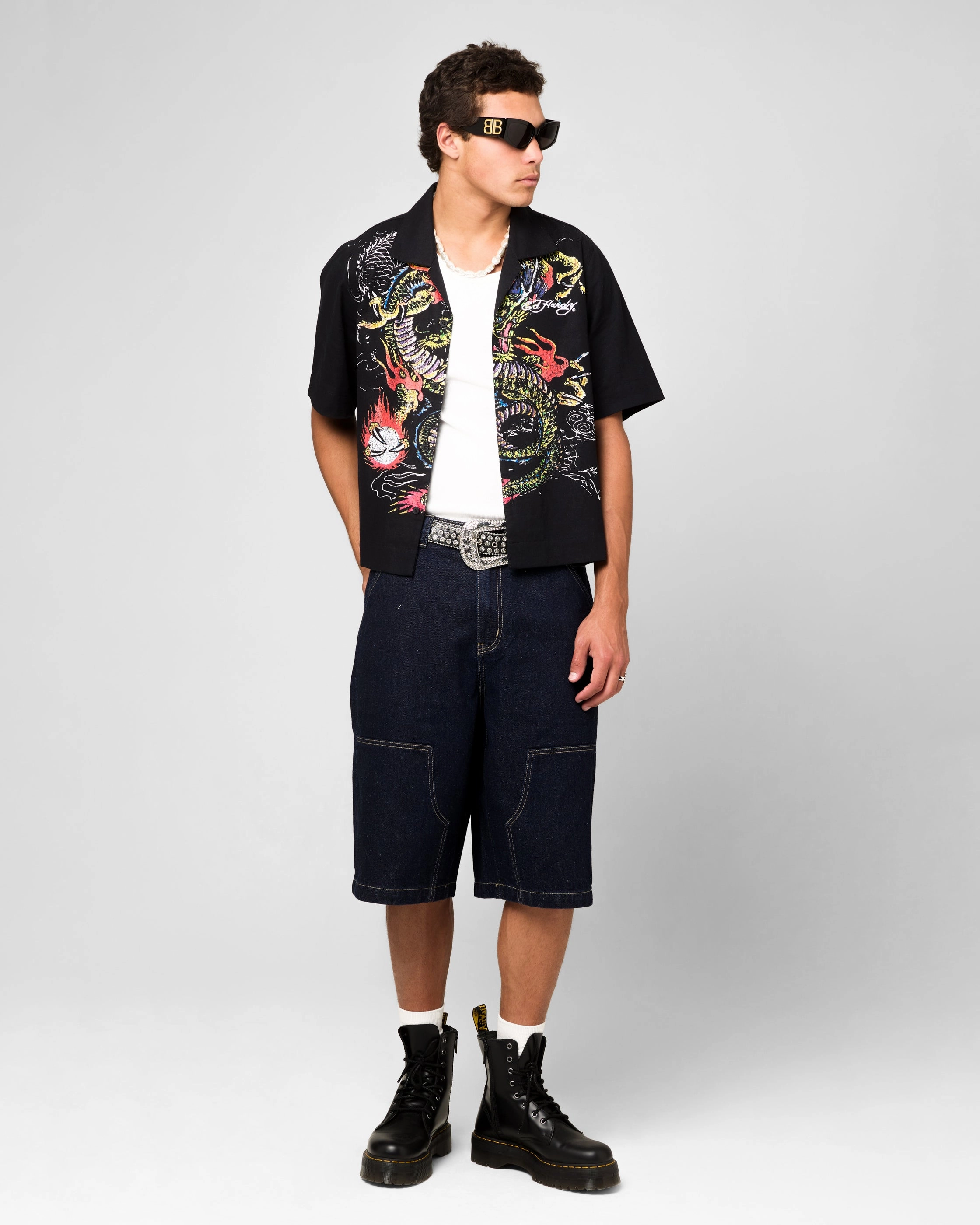 Ed Hardy Dragon Jorts Indigo Preppy Style muted colors