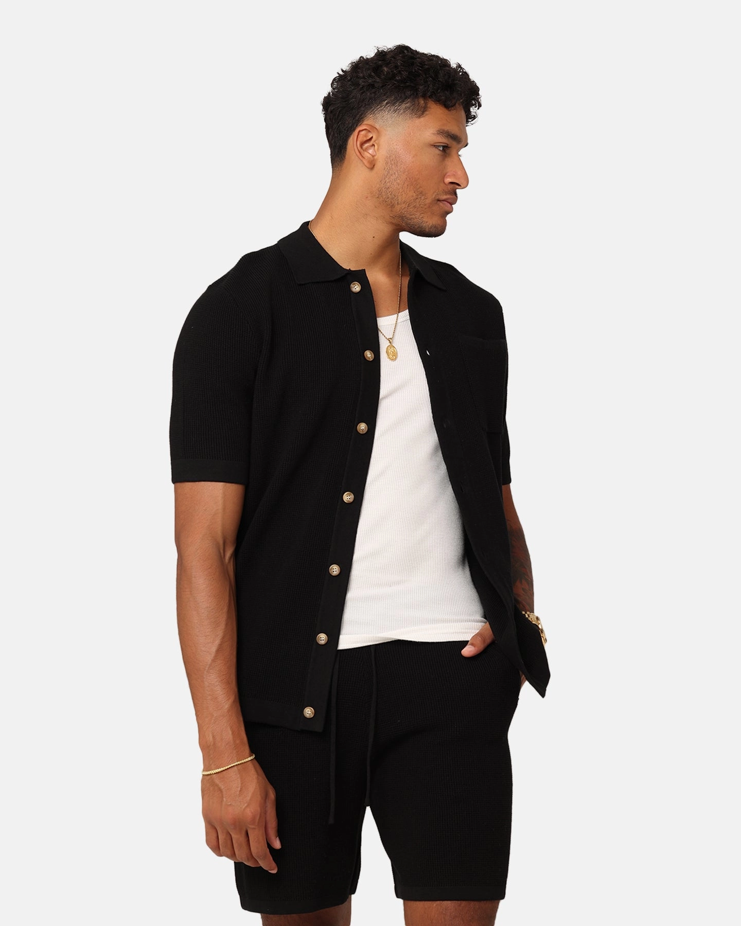 XXIII Zyair Knit Rib Button Up Shirt Black Moisture wicking