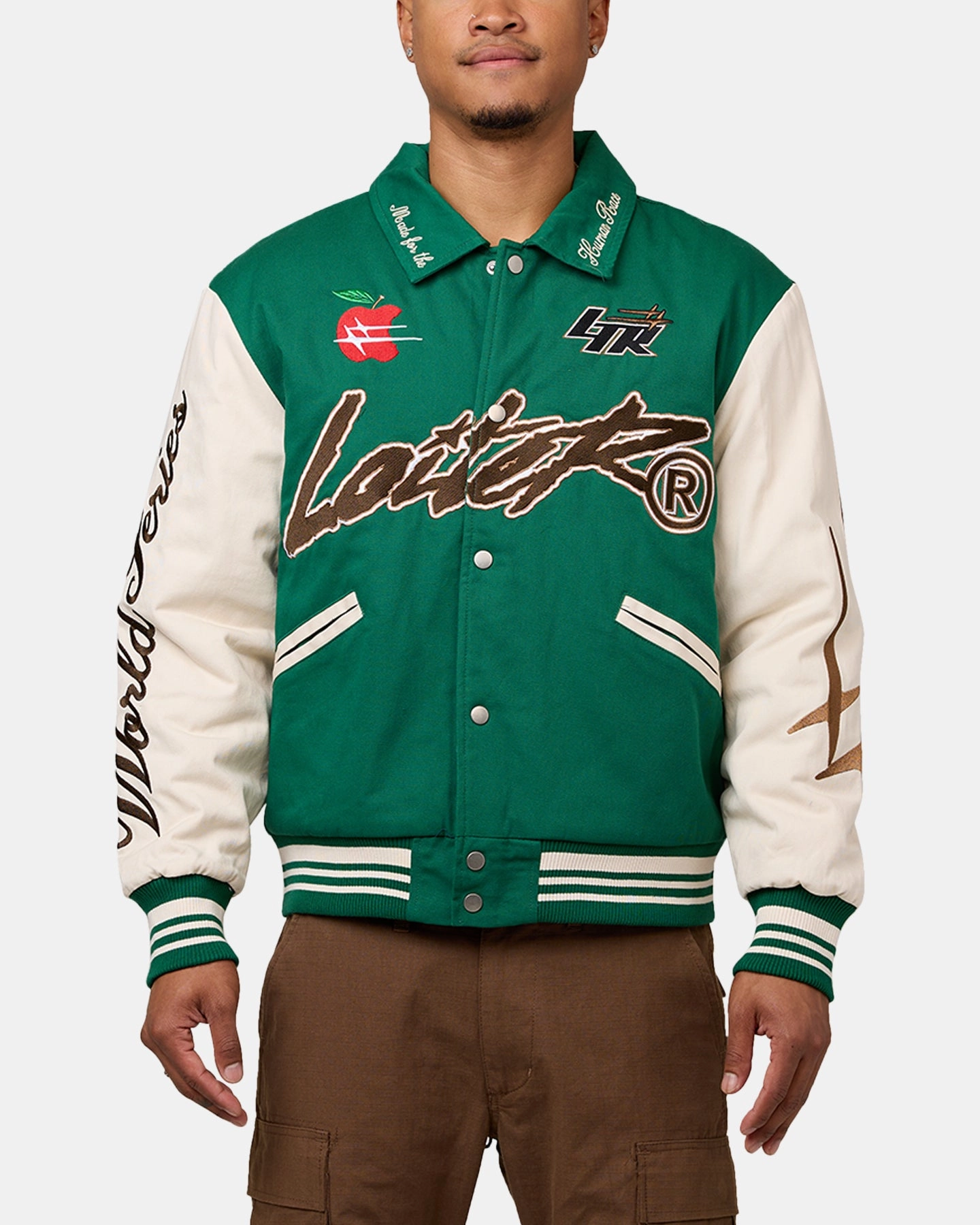 Reflective Safety Details Loiter World Series Varsity Jacket Green