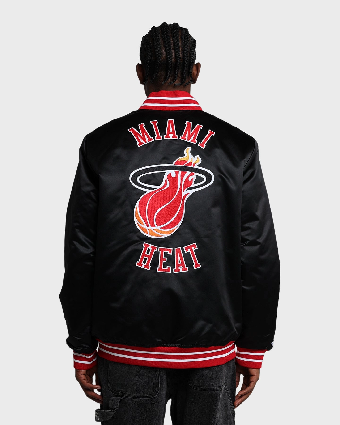 Mitchell & Ness Miami Heat Heavyweight Satin Jacket Black High Visibility Accents Ergonomic Shoulder Design