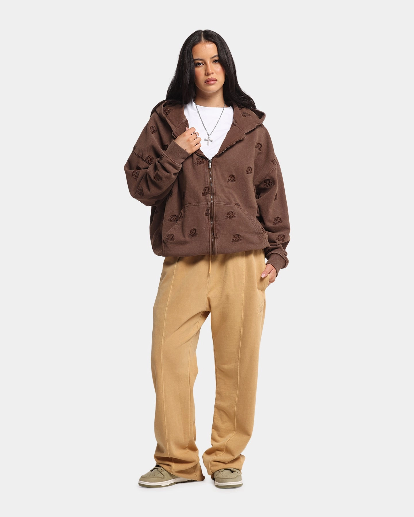 City Style Dreamville Logo All Over Zip Hoodie Brown