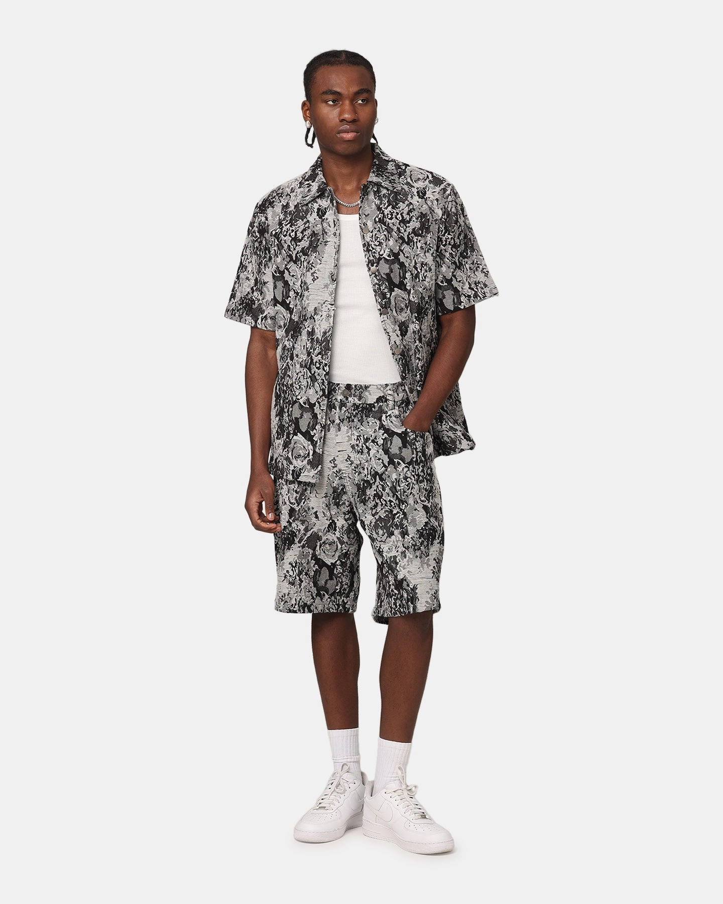 Fall Foliage XXIII Denim Jacquard Button Up Shirt Black Denim