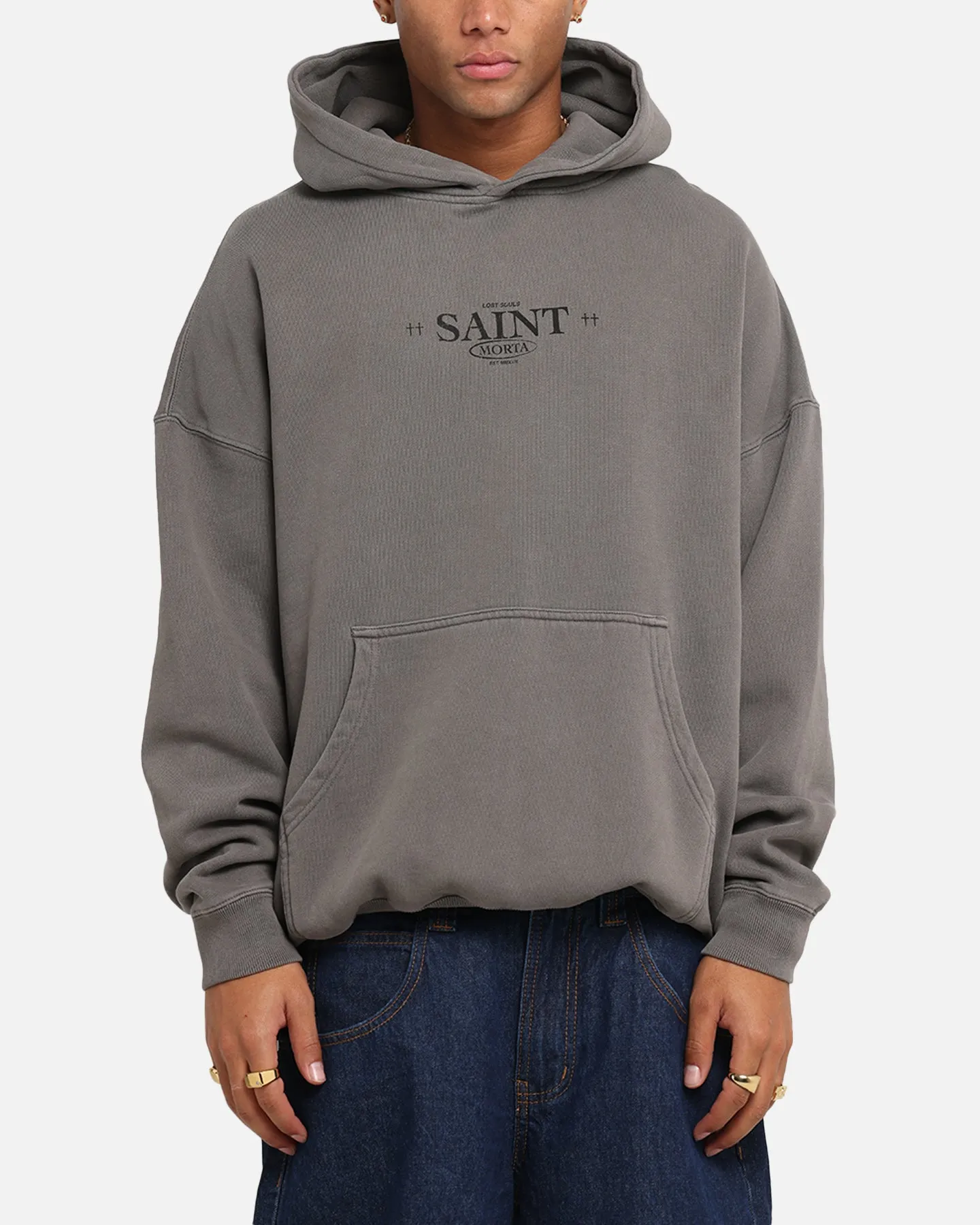 Minimal Form Saint Morta Lost Souls Boxy Hoodie Washed Charcoal
