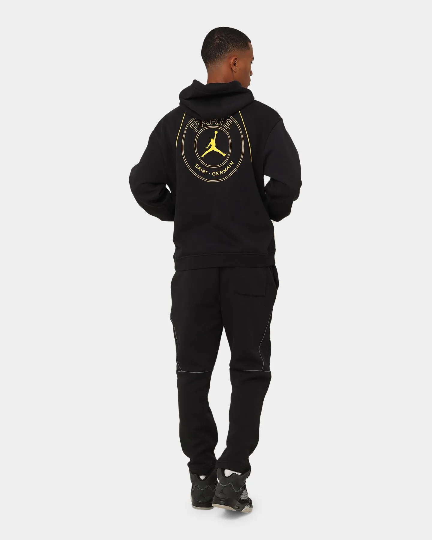 Jordan X Paris Saint-Germain Fleece Pullover Hoodie Black/Tour Yellow Patched Mousse