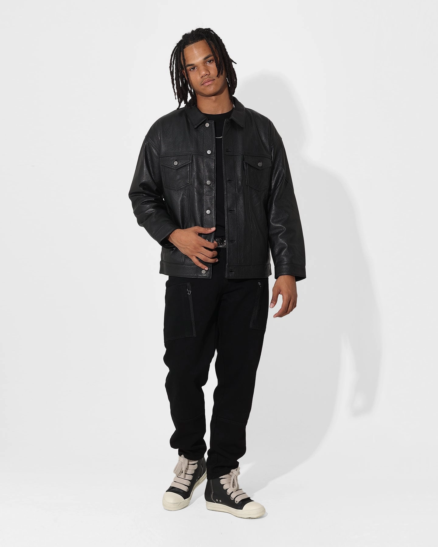 Show Detect Saint Morta Oversized Leather Trucker Jacket Black