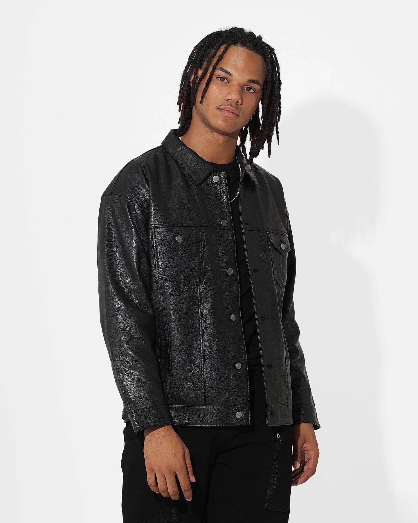 Develop Heavy Duty Saint Morta Oversized Leather Trucker Jacket Black