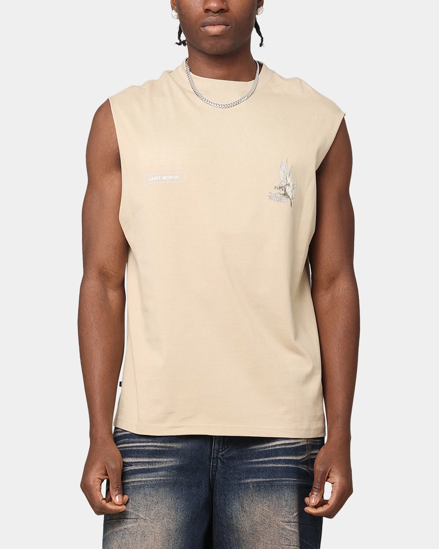 Saint Morta Doves Oversized Muscle T-Shirt Stone Sweat Absorbent Midweight Knit