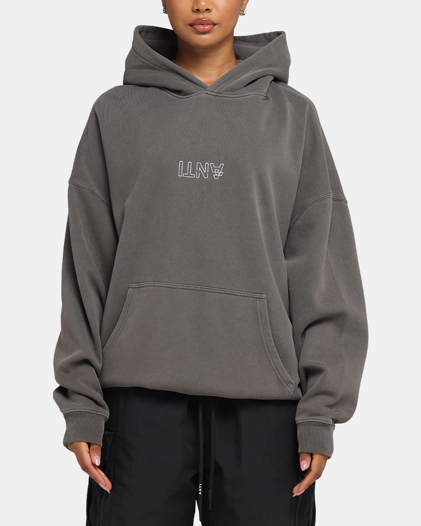 Eco Conscious Material The Anti Order Truth In Chaos Boxy Hoodie Washed Charcoal