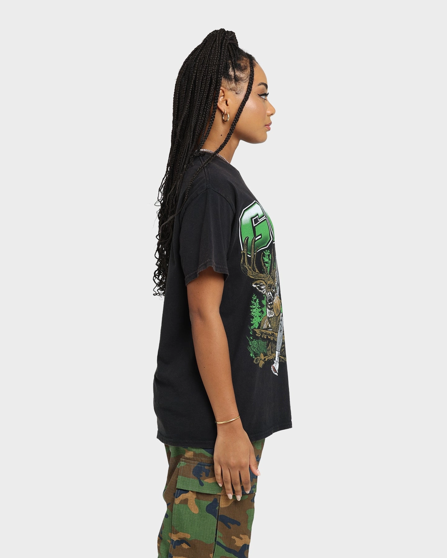 Recycled Material Anti Static Fabric Goat Crew Buck Hunter Vintage T-Shirt Black Wash