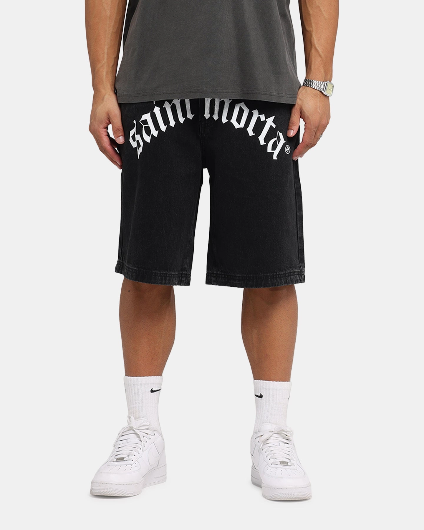 Saint Morta Amplus Gothic Denim Jort Shorts Black Shadow Elastic waist