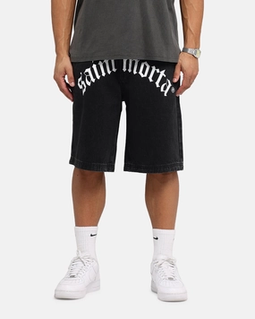 Saint Morta Amplus Gothic Denim Jort Shorts Black Shadow Elastic waist