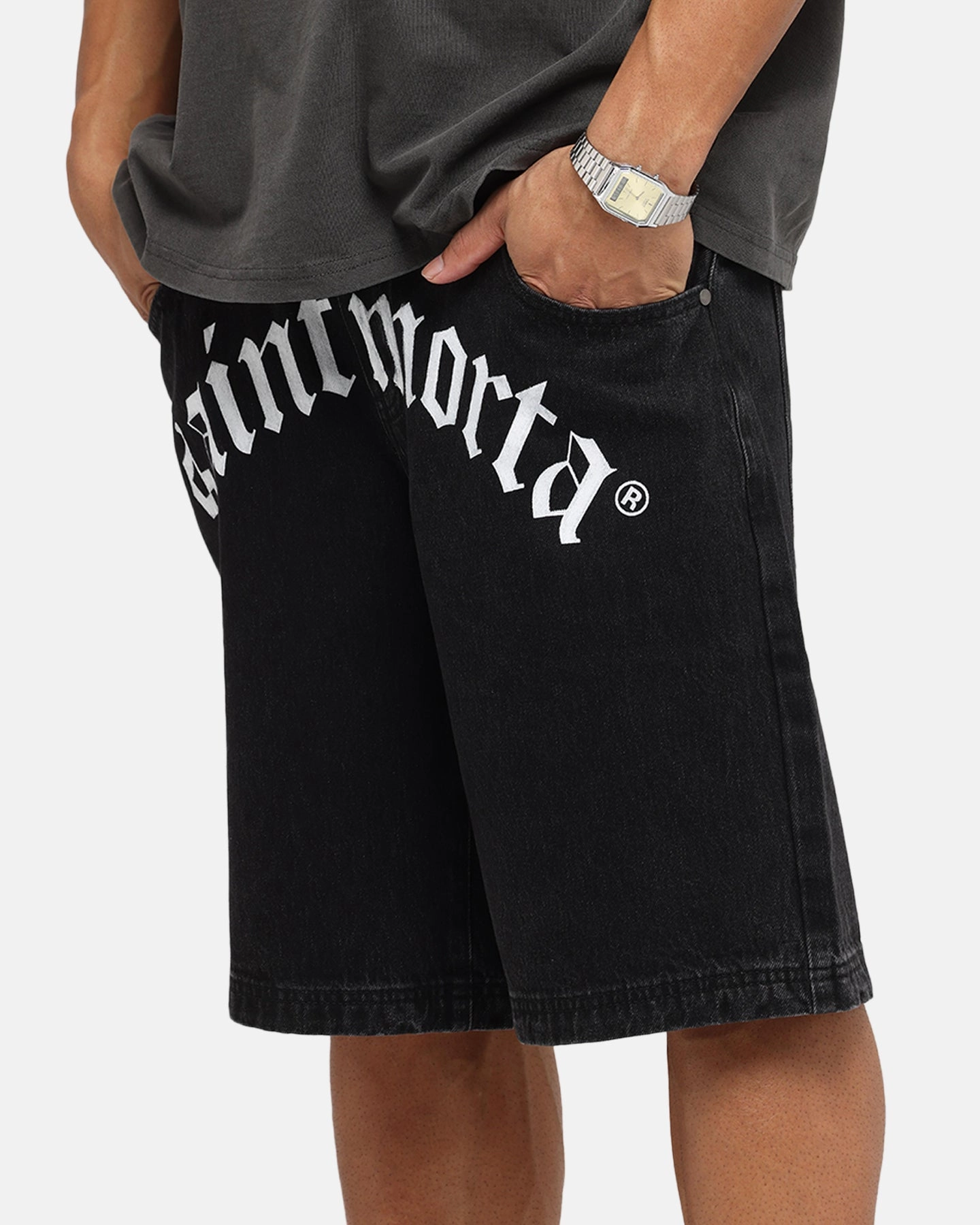 Breathable fabric Detachable belt Saint Morta Amplus Gothic Denim Jort Shorts Black Shadow