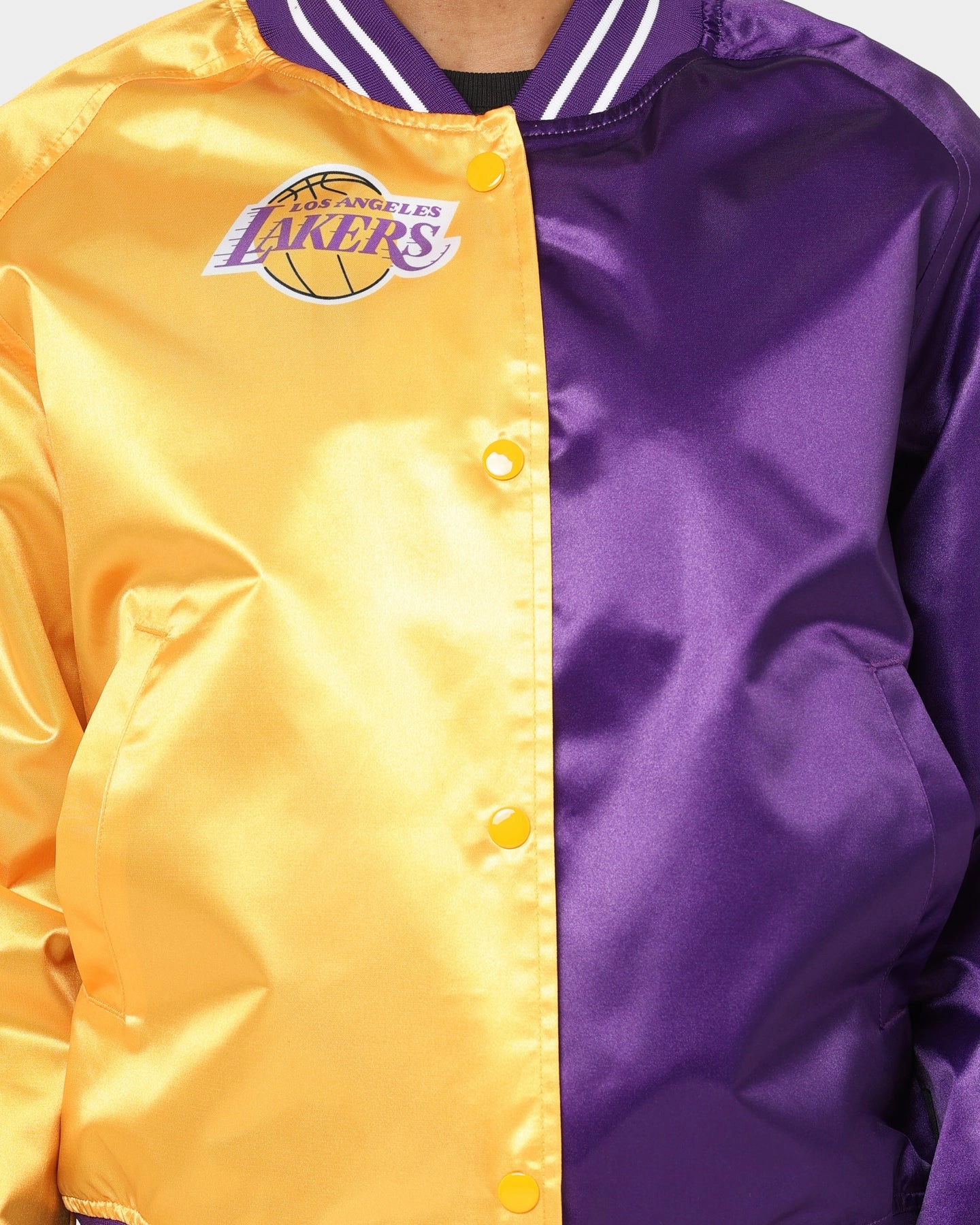 Mitchell & Ness Women's Los Angeles Lakers Big Face 5.0 Satin Jacket Yellow Barrier Seam Construction