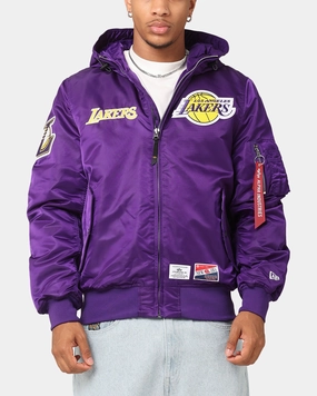 New Era Los Angeles Lakers Alpha Industries L-2B Hooded Bomber Jacket Purple indoor gathering TailoredSilhouette