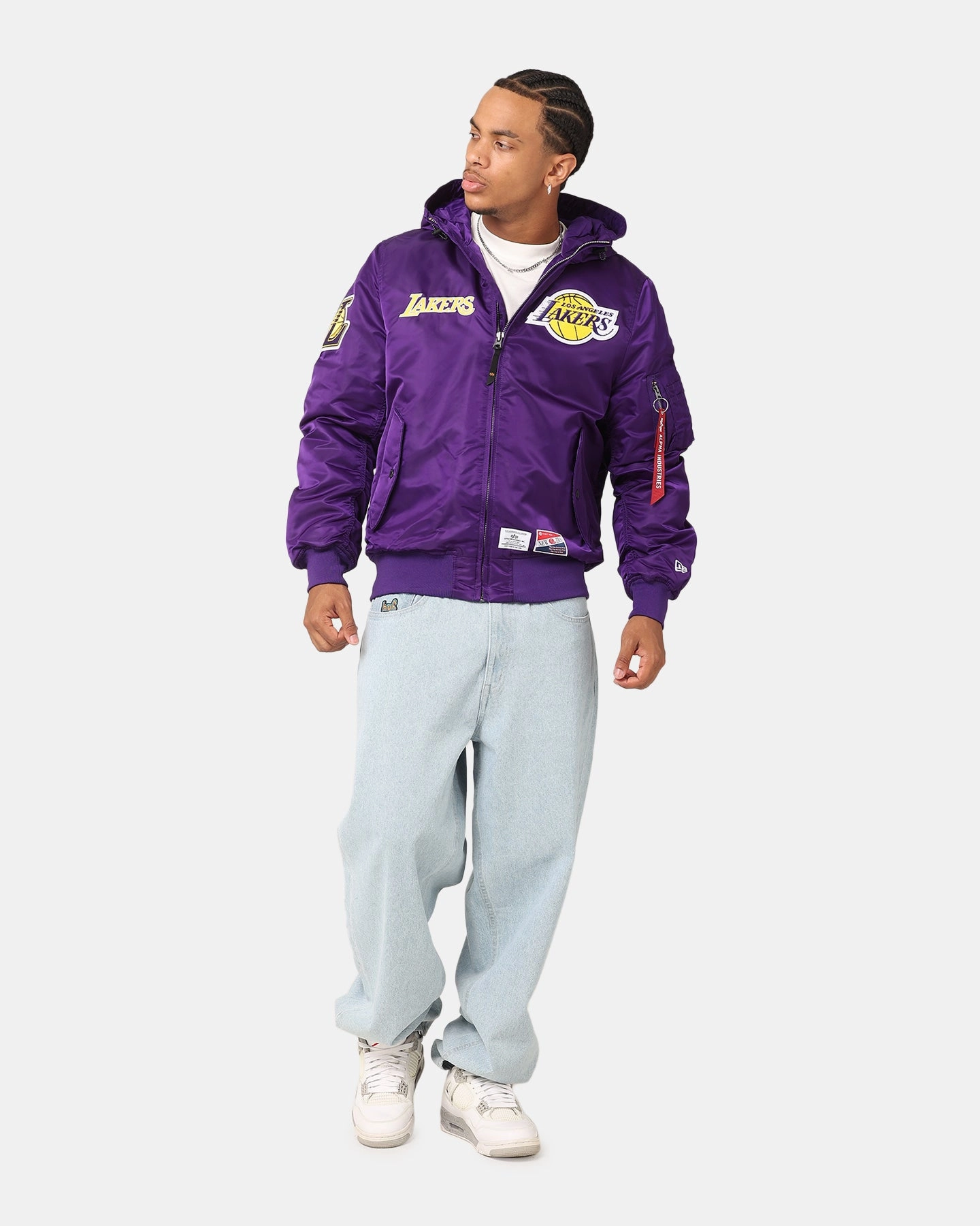 New Era Los Angeles Lakers Alpha Industries L-2B Hooded Bomber Jacket Purple LowProfile Seam Design Versatile Outerwear