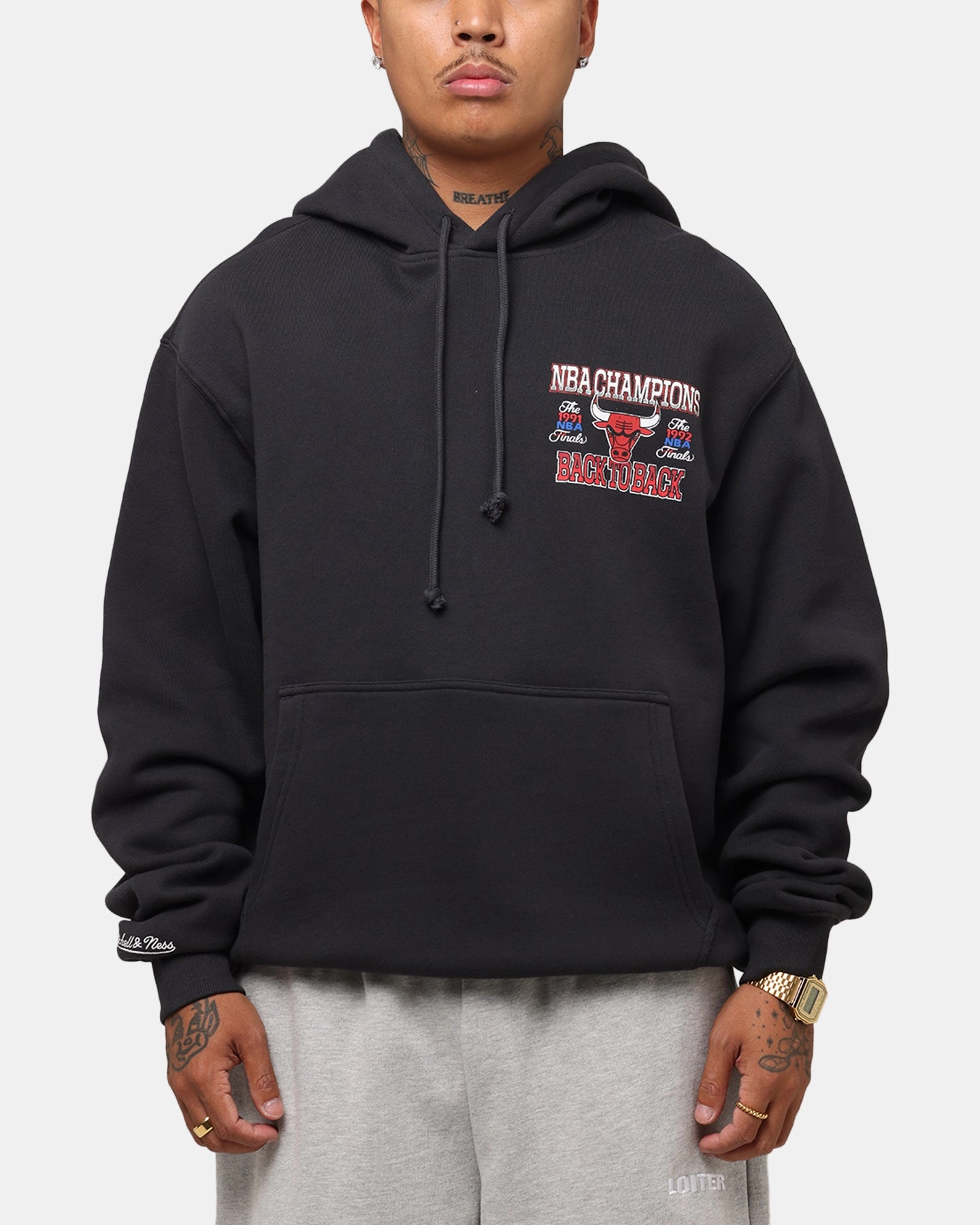 Non Fading Coloration Wool blend Mitchell & Ness Chicago Bulls Back To Back Hoodie Faded Black