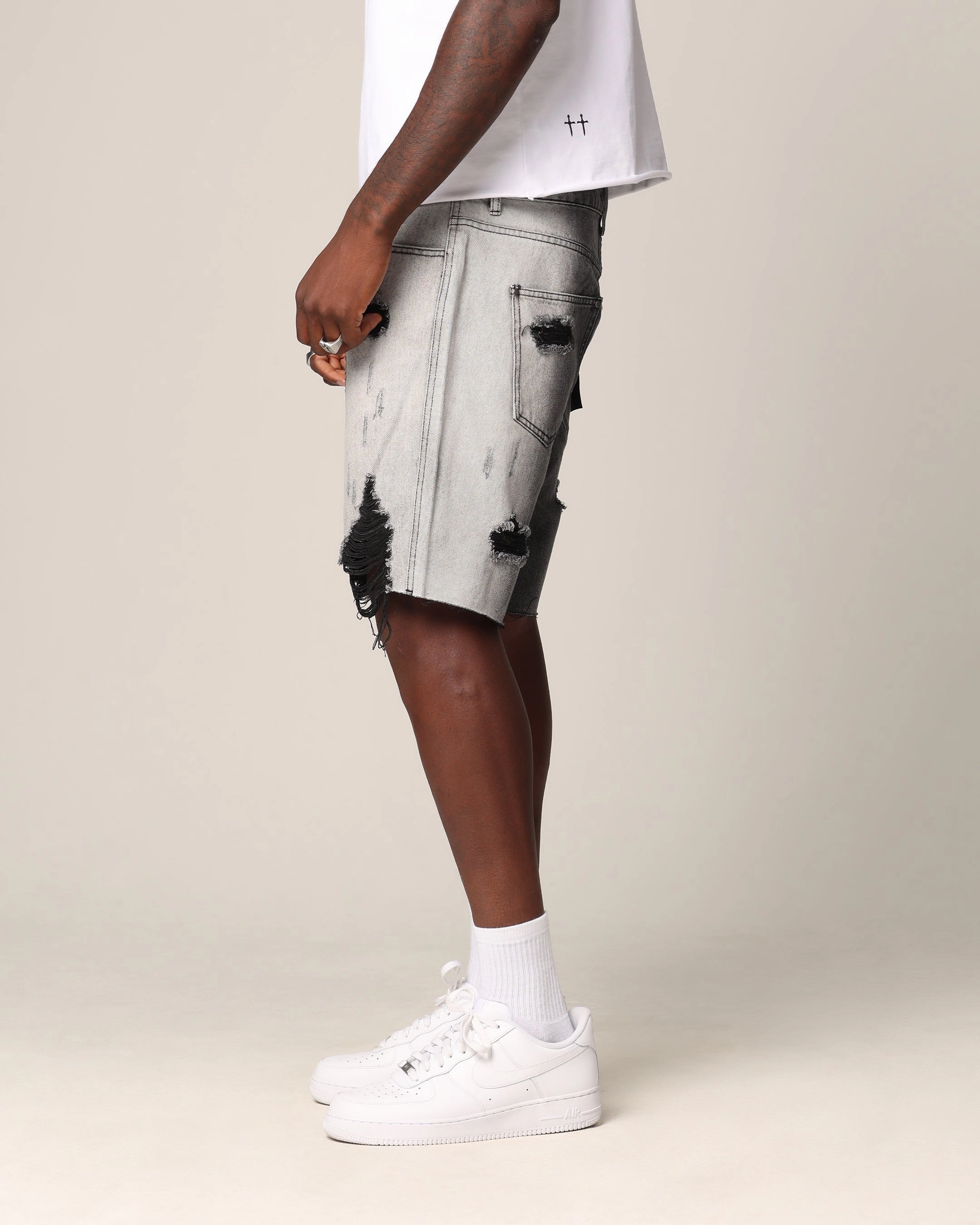 Saint Morta Sidewinder Denim Shorts Black Wash Contoured Articulation Sports Comfort