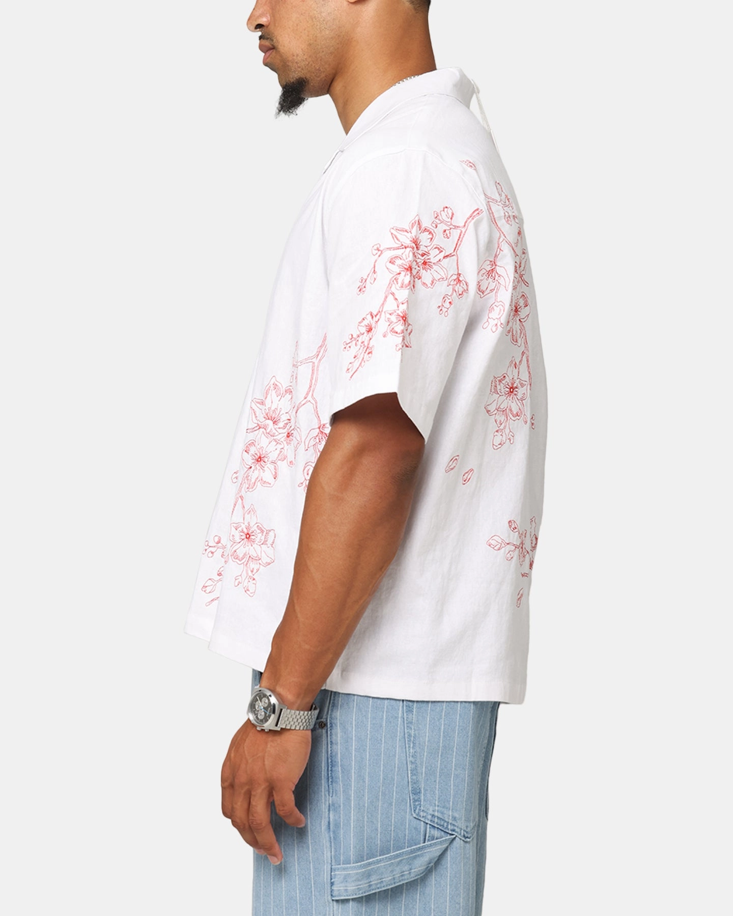 Cultural Inspired Cocktail Party Carre Blossom Button Up Shirt White/Red