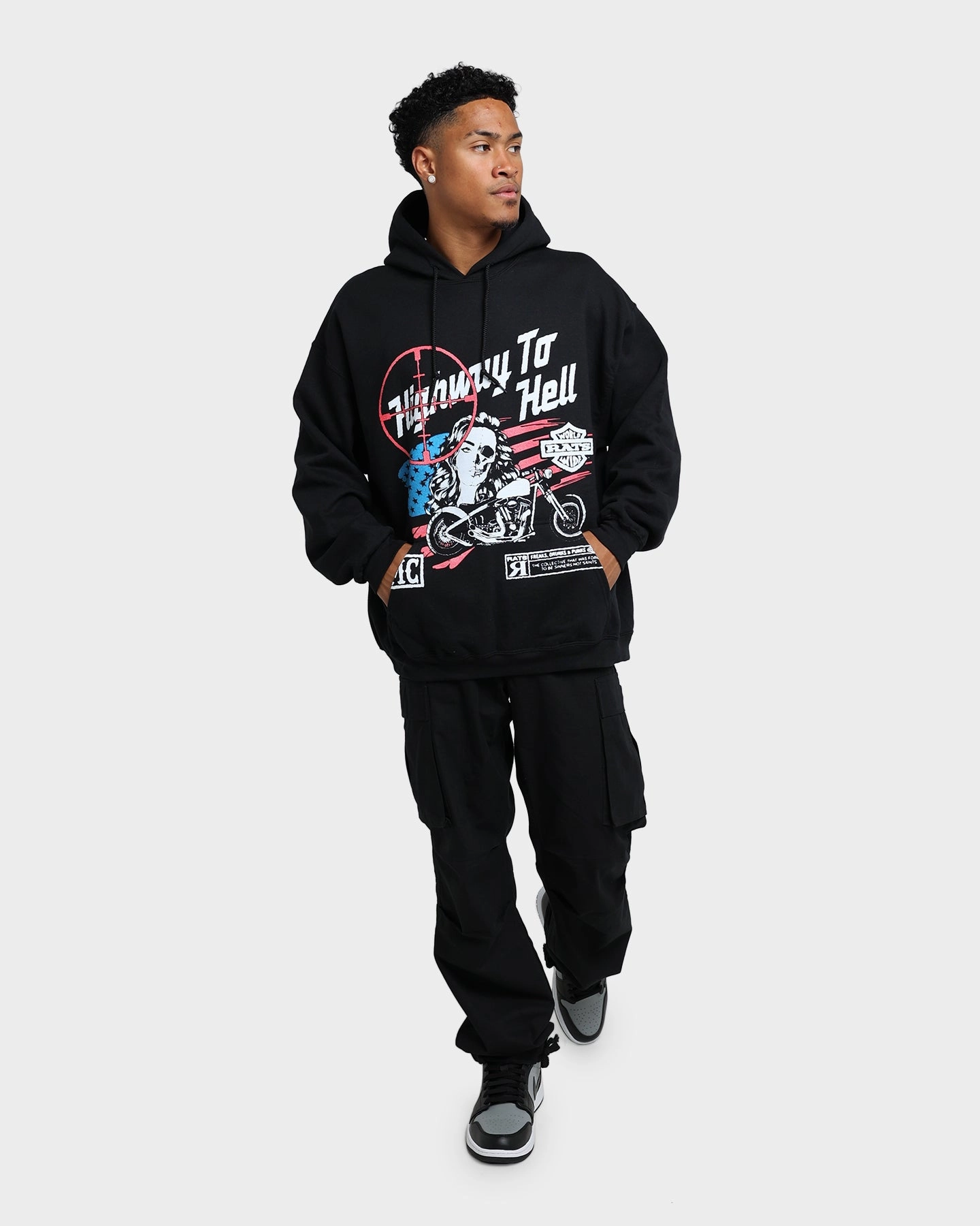 Stretch Knit Fabric Summer Rats Get Fat Highway To Hell Hoodie Black