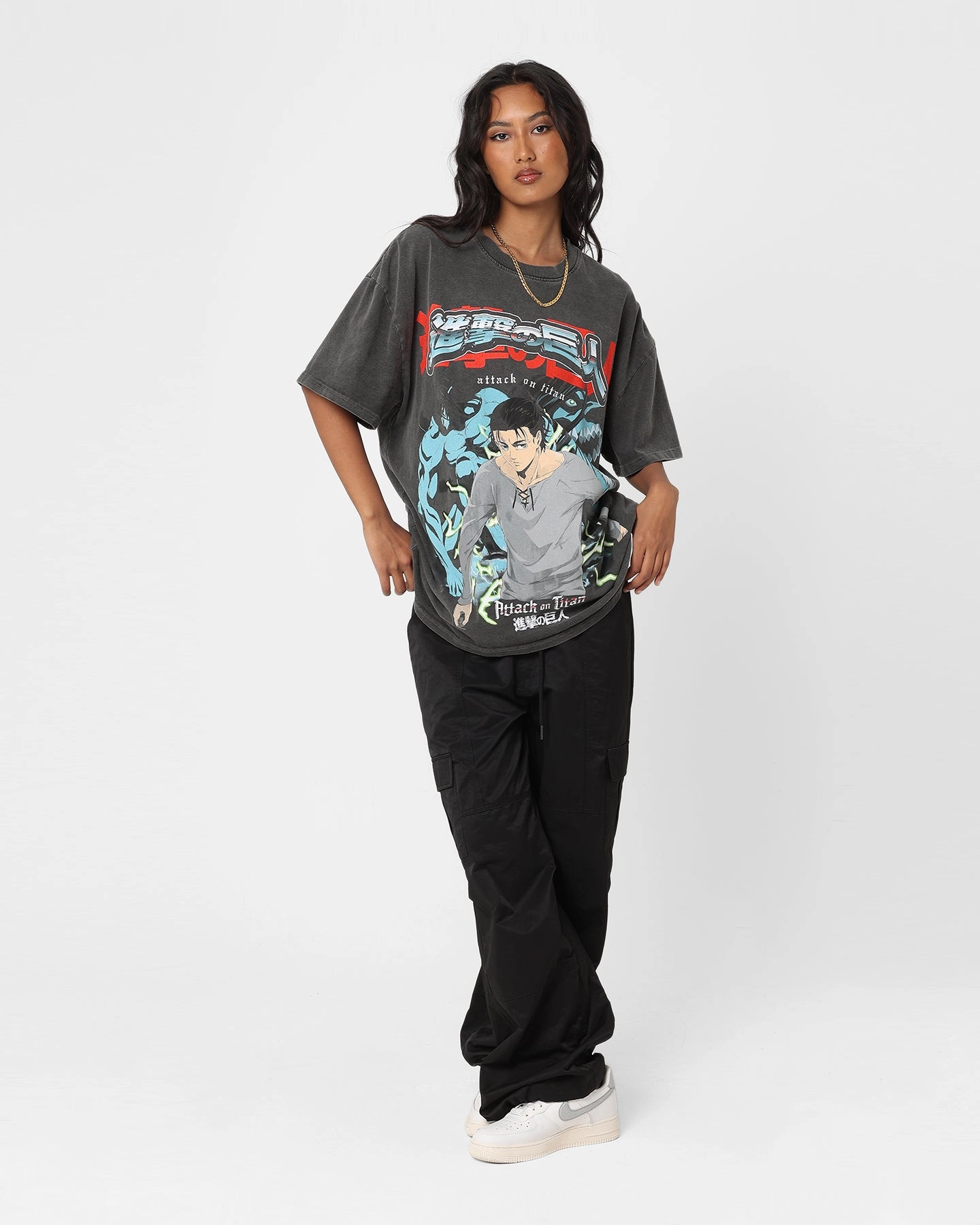 Soft Wearable Fade Resistant Coating Goat Crew X Attack On Titan Attack Titan Vintage Heavyweight T-Shirt Black Wash