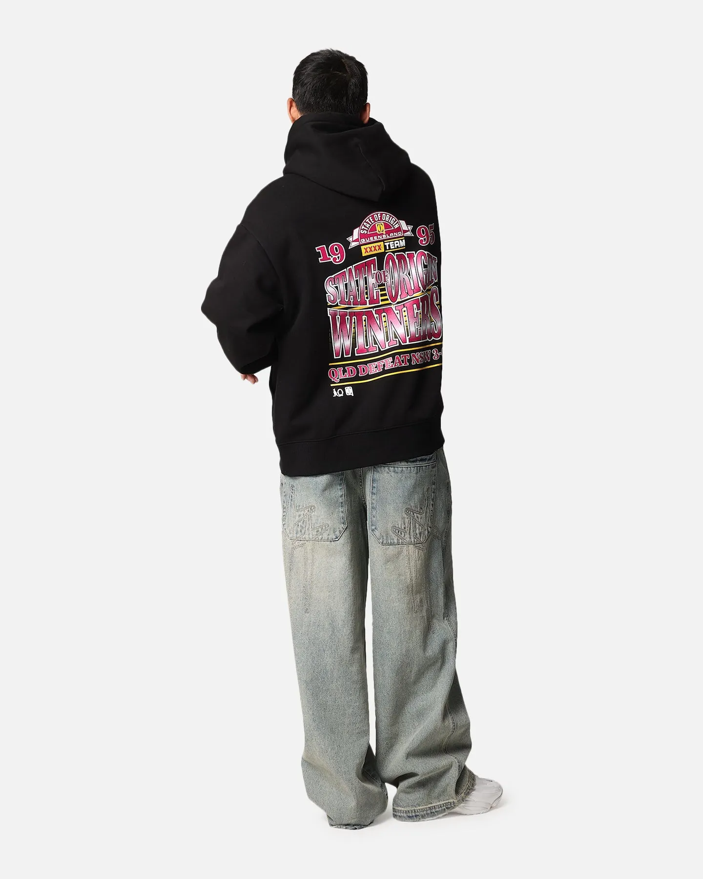Queensland Ruby League State Of Origin 1995 Winners Hoodie Faded Black Stretch Panels Recycled Polyester Blend