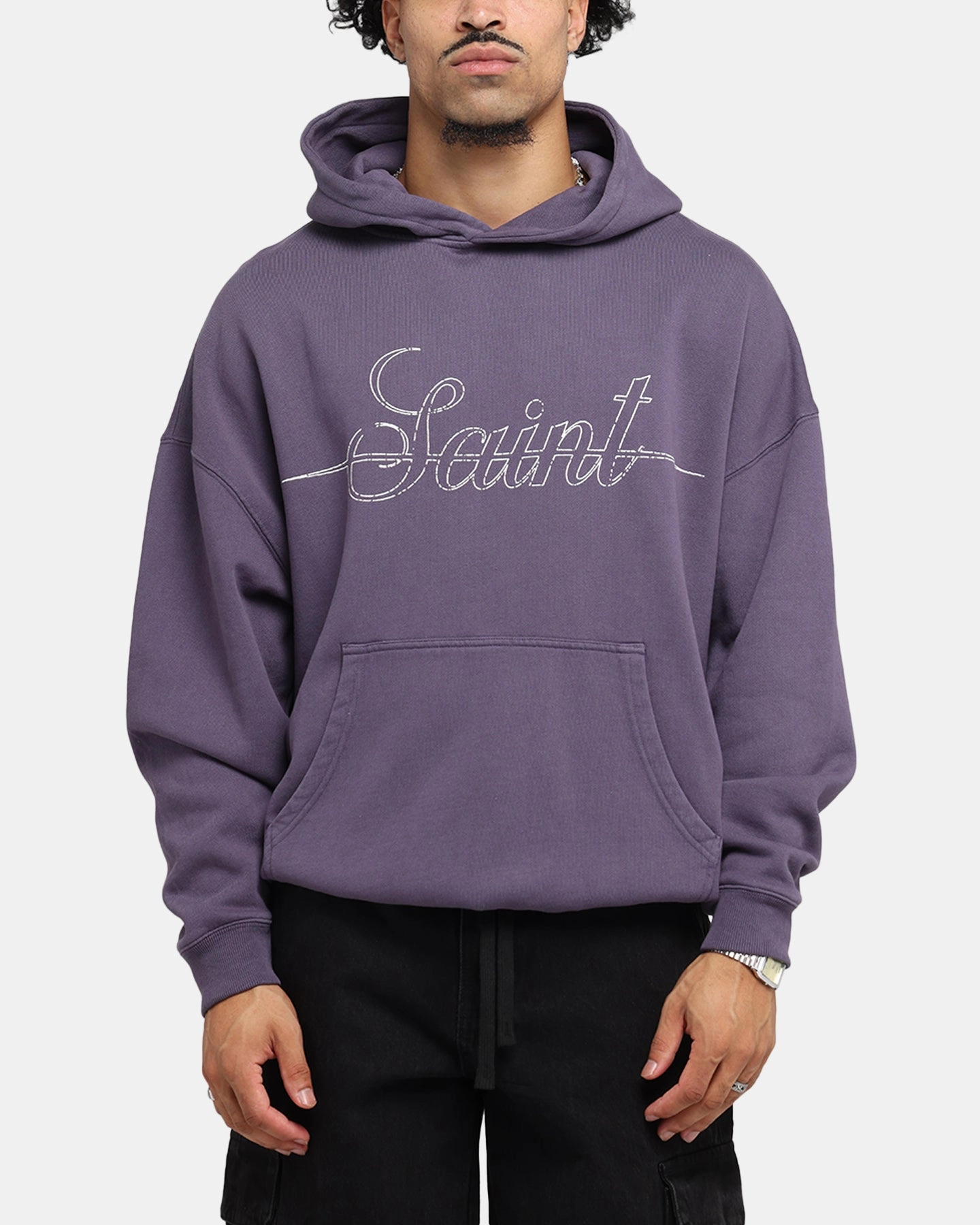 Moose like Wildebeest like Saint Morta Cursive Boxy Hoodie Purple