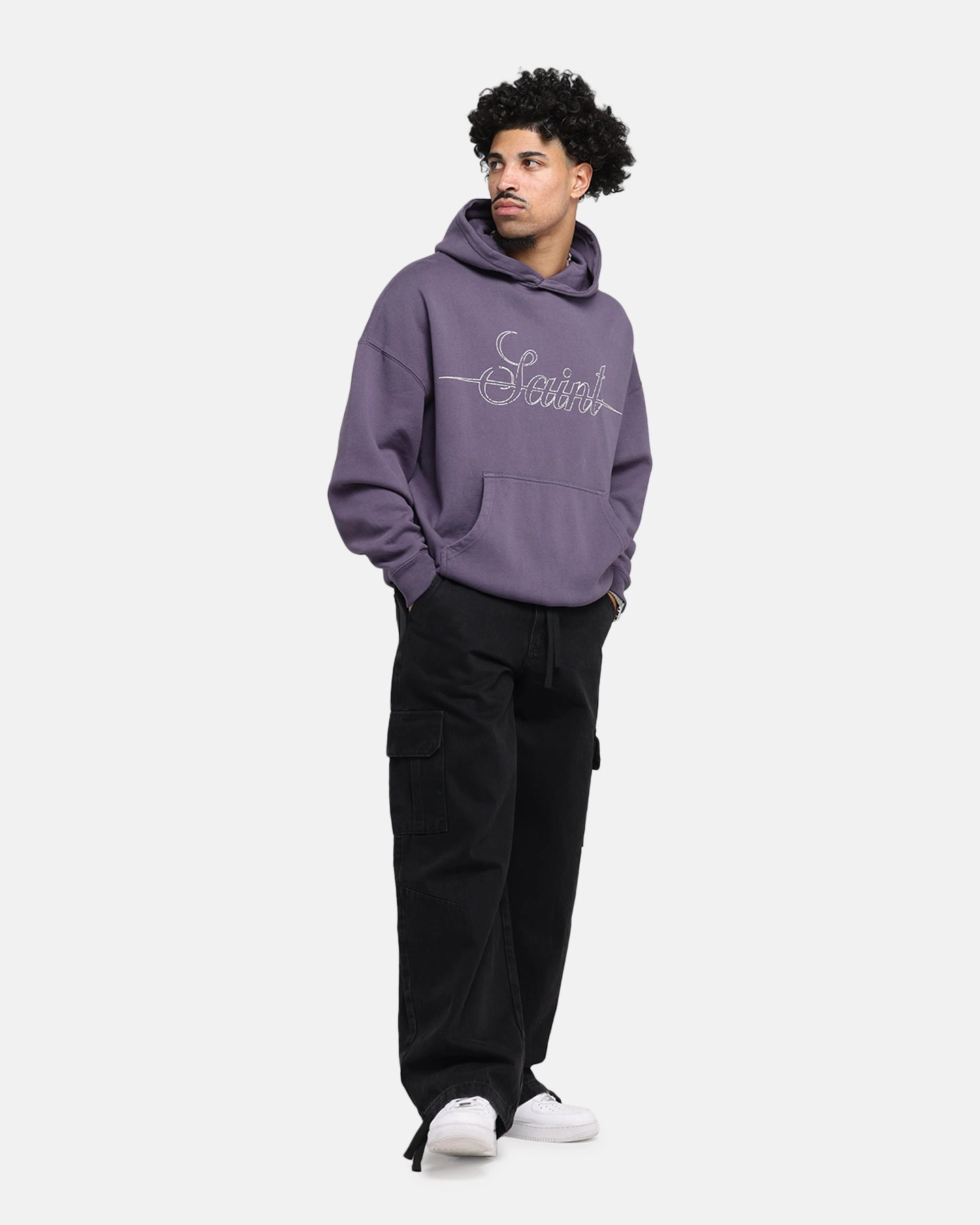 Street Smart Comfort First Saint Morta Cursive Boxy Hoodie Purple