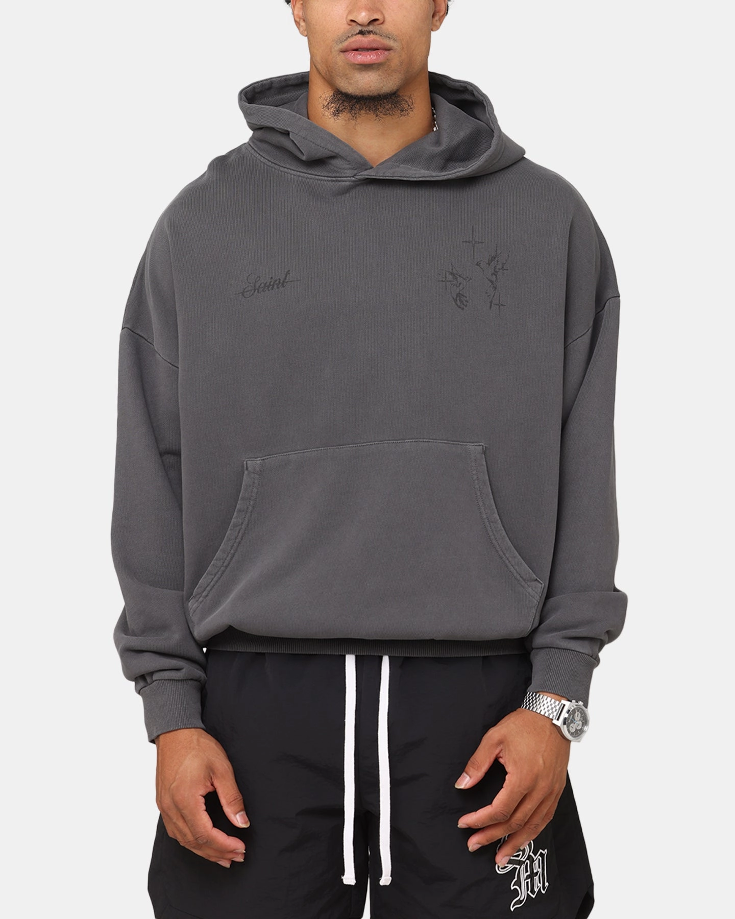 Saint Morta Destiny Rising Boxy Hoodie Washed Black Adjustable Drawstrings Organza details