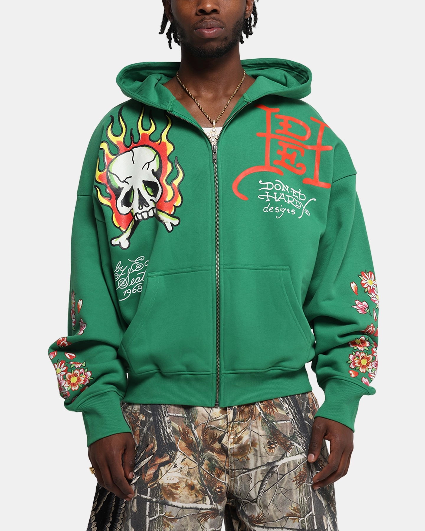 Printed Pattern Wildebeest like Ed Hardy Love Kills Slowly Zip Hoodie Green