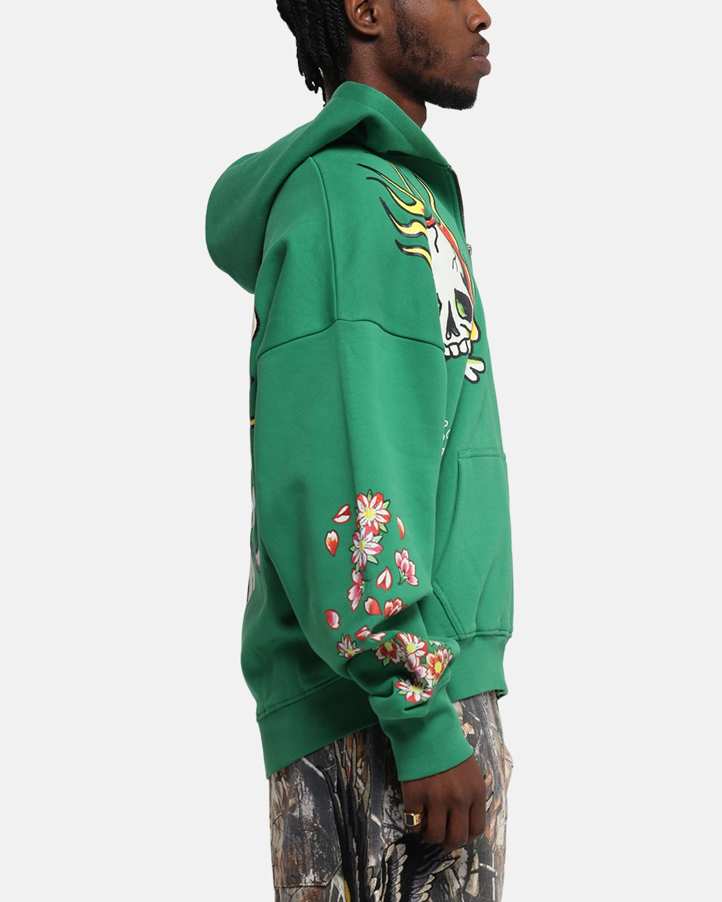 Drop Shoulder Construction Ed Hardy Love Kills Slowly Zip Hoodie Green