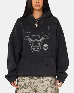 Mitchell & Ness Chicago Bulls Distressed Rhinestone Logo Hoodie Faded Black scooter clothes Trend Feel