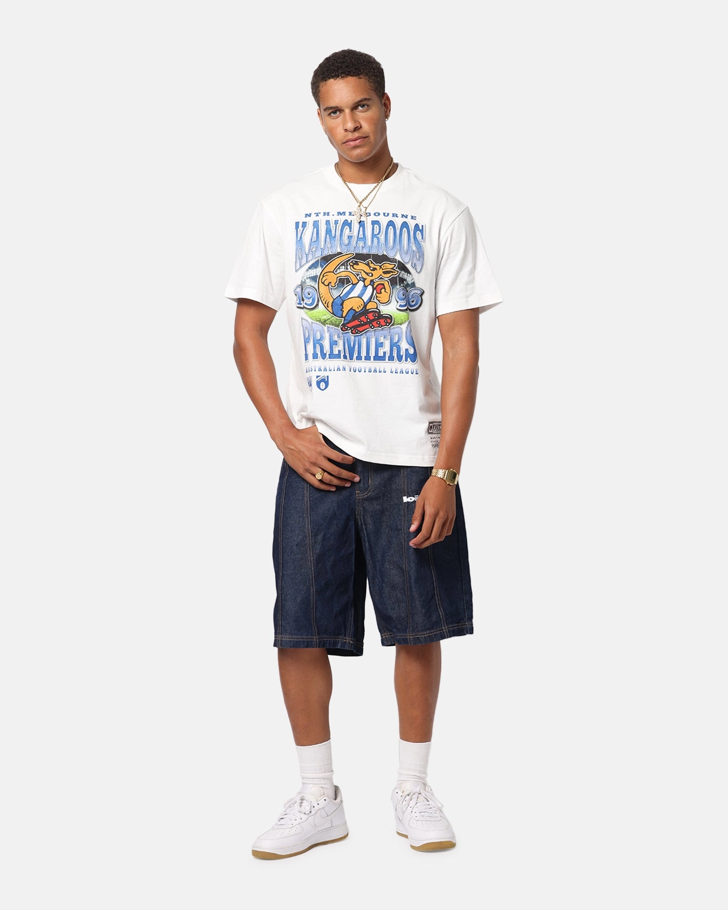 Mitchell & Ness North Melbourne Kangaroos Mascot T-Shirt Vintage White Soft And Comfortable