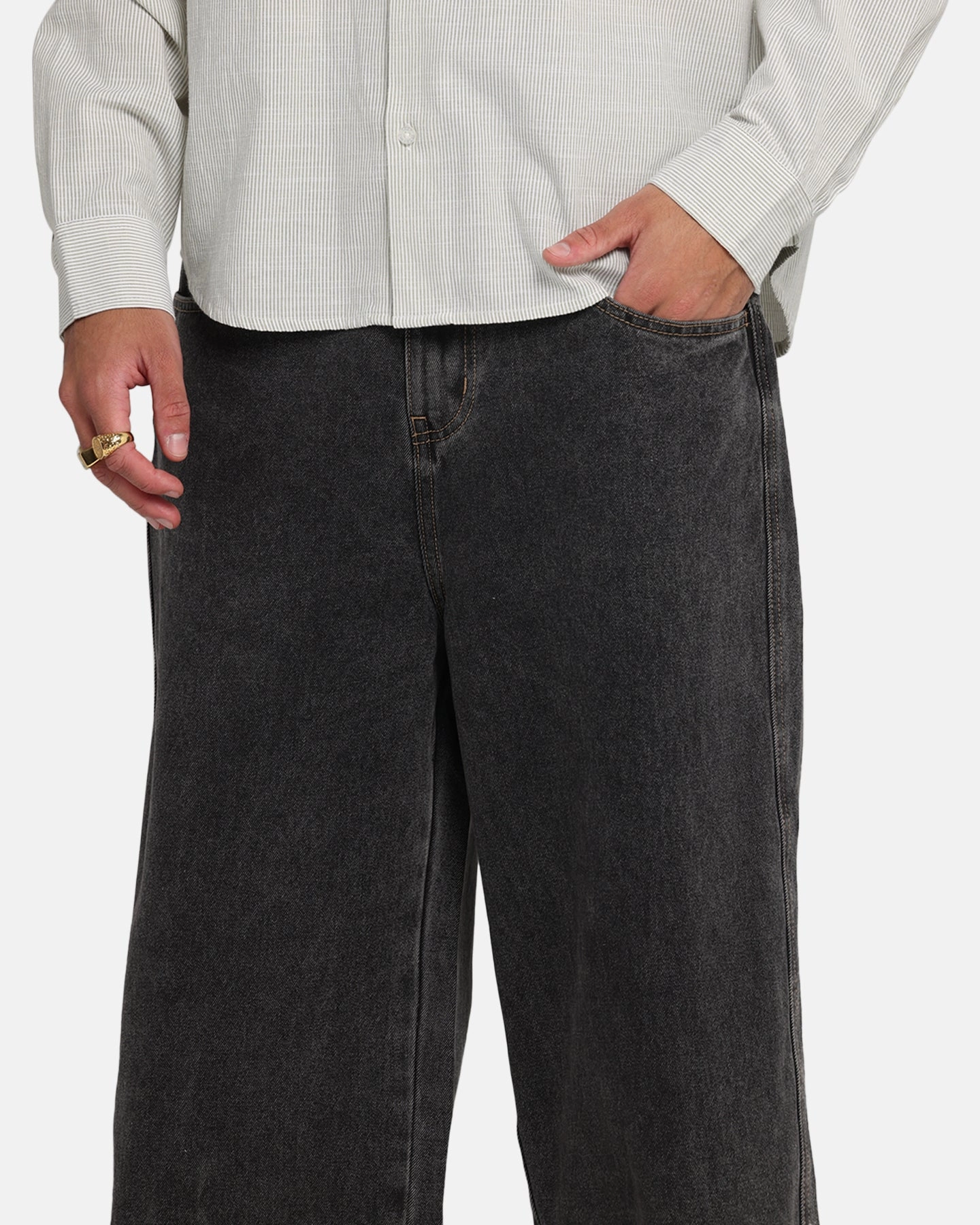 X-Large Baggy Bull Denim 91 Pants Washed Black Minimal Look Seamless Waist Technology