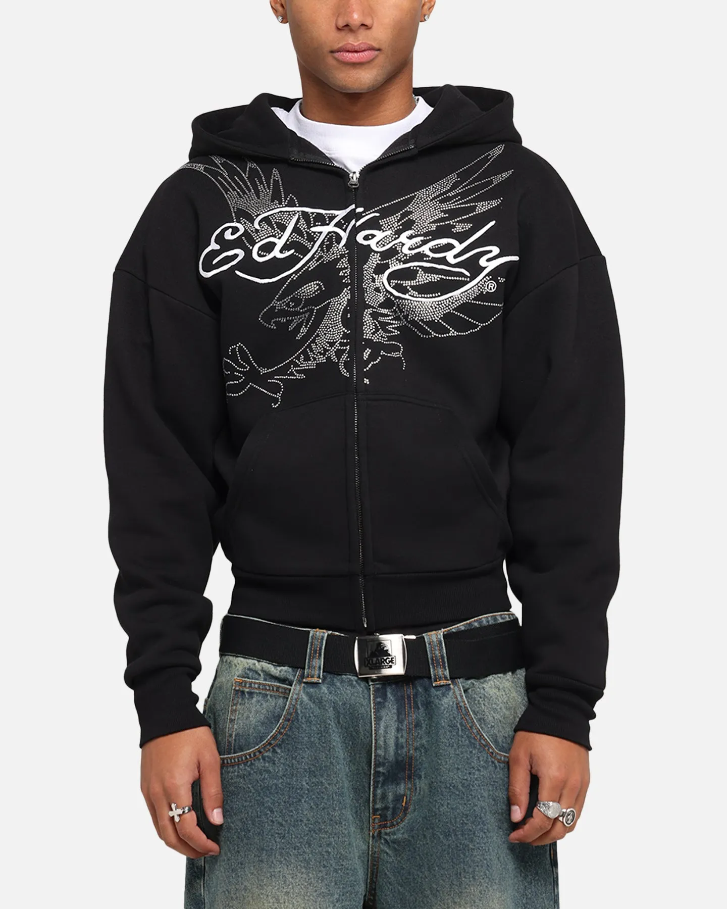 Street Style Viewpoint Ed Hardy Eagle Rhinestone Zip Hoodie Black