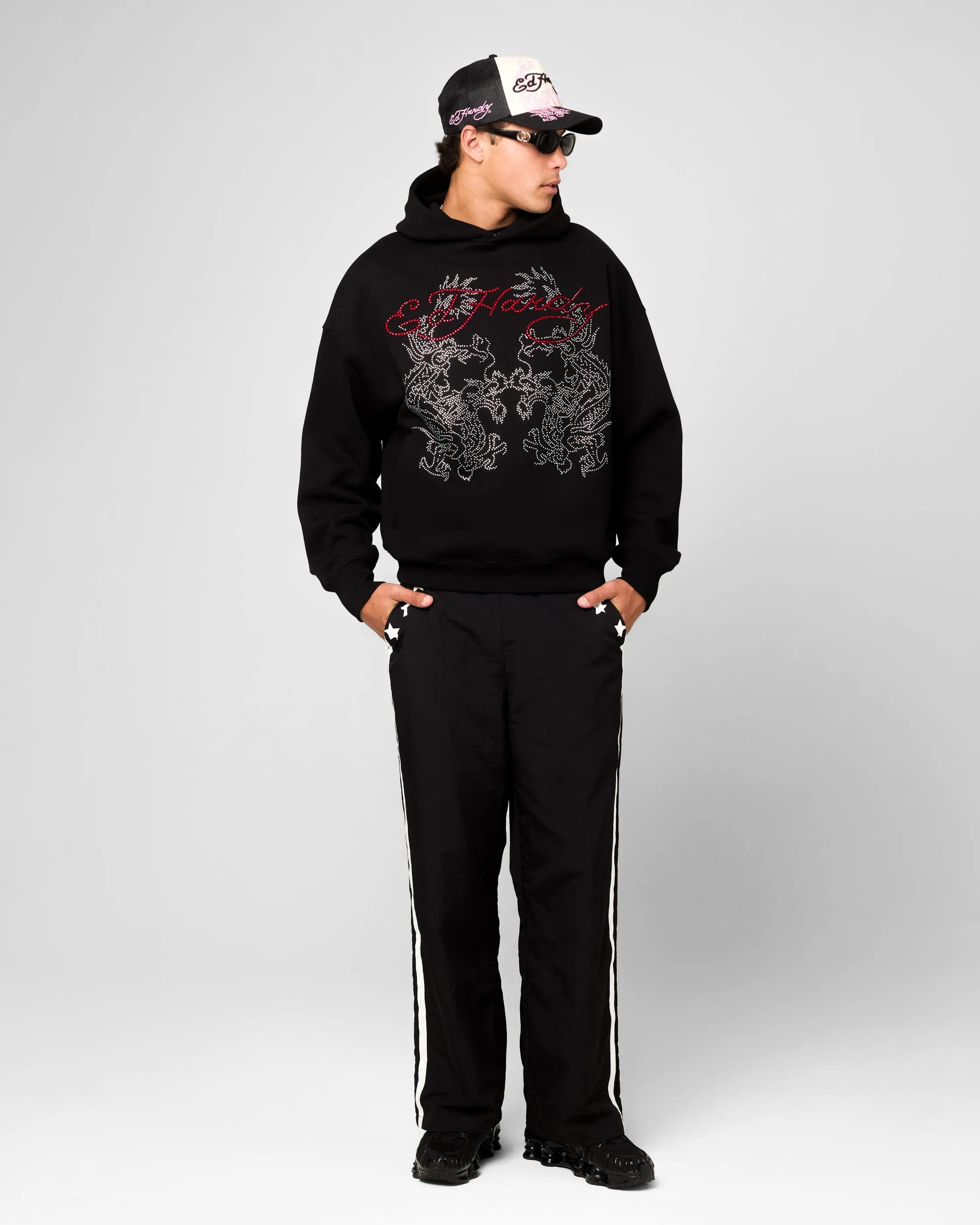 Smooth Finish Reflective Trim Ed Hardy Rhinestone Dragon Hoodie Black